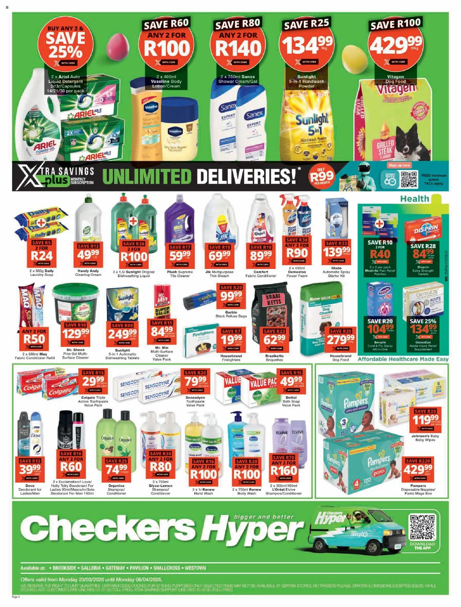 New Checkers catalogue – valid from 23.03.2026 | Page: 4 | Products: Box, Shower, Toothpaste, Foam
