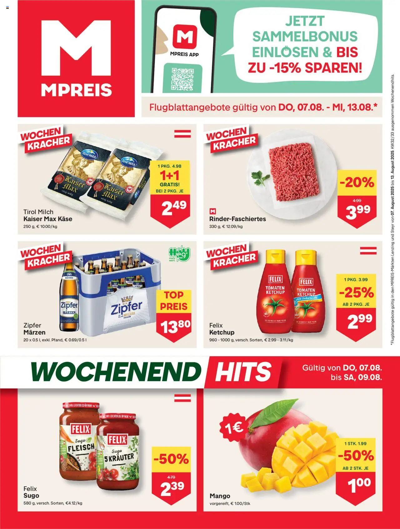 MPREIS Lenzing gültig ab 07.08.2025 | Seite: 1 | Produkte: Ketchup, Mango, Milch, Käse