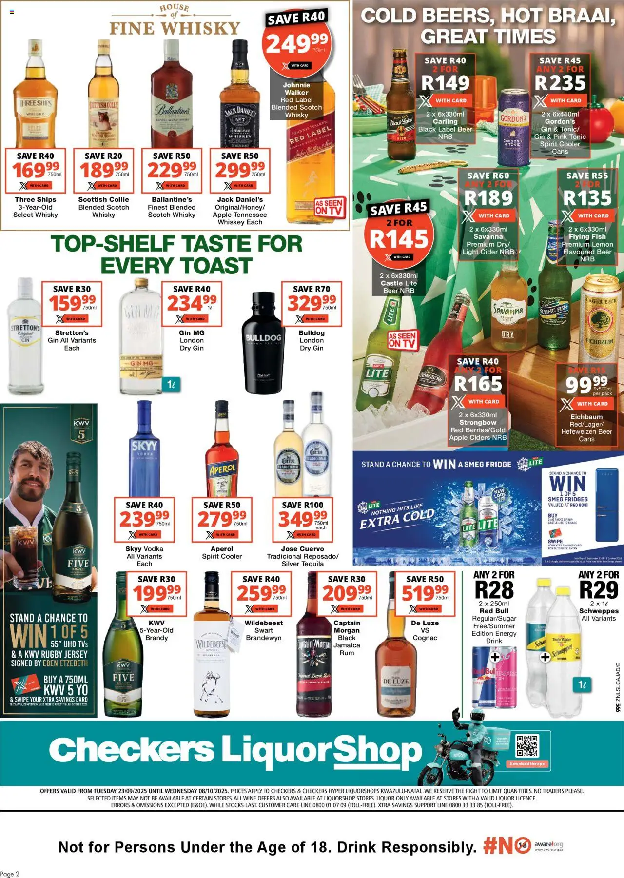 New Checkers catalogue – valid from 23.09.2025 | Page: 2 | Products: Beer, Vodka, Whiskey, Lemon