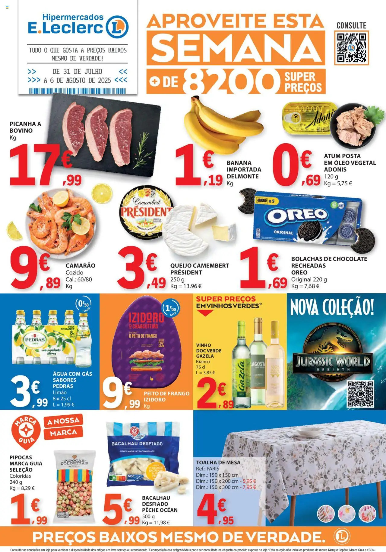E.Leclerc folheto │ válido de 31.07.2025 | Página: 1 | Produtos: Peito de frango, Bolachas, Camarão, Vinho