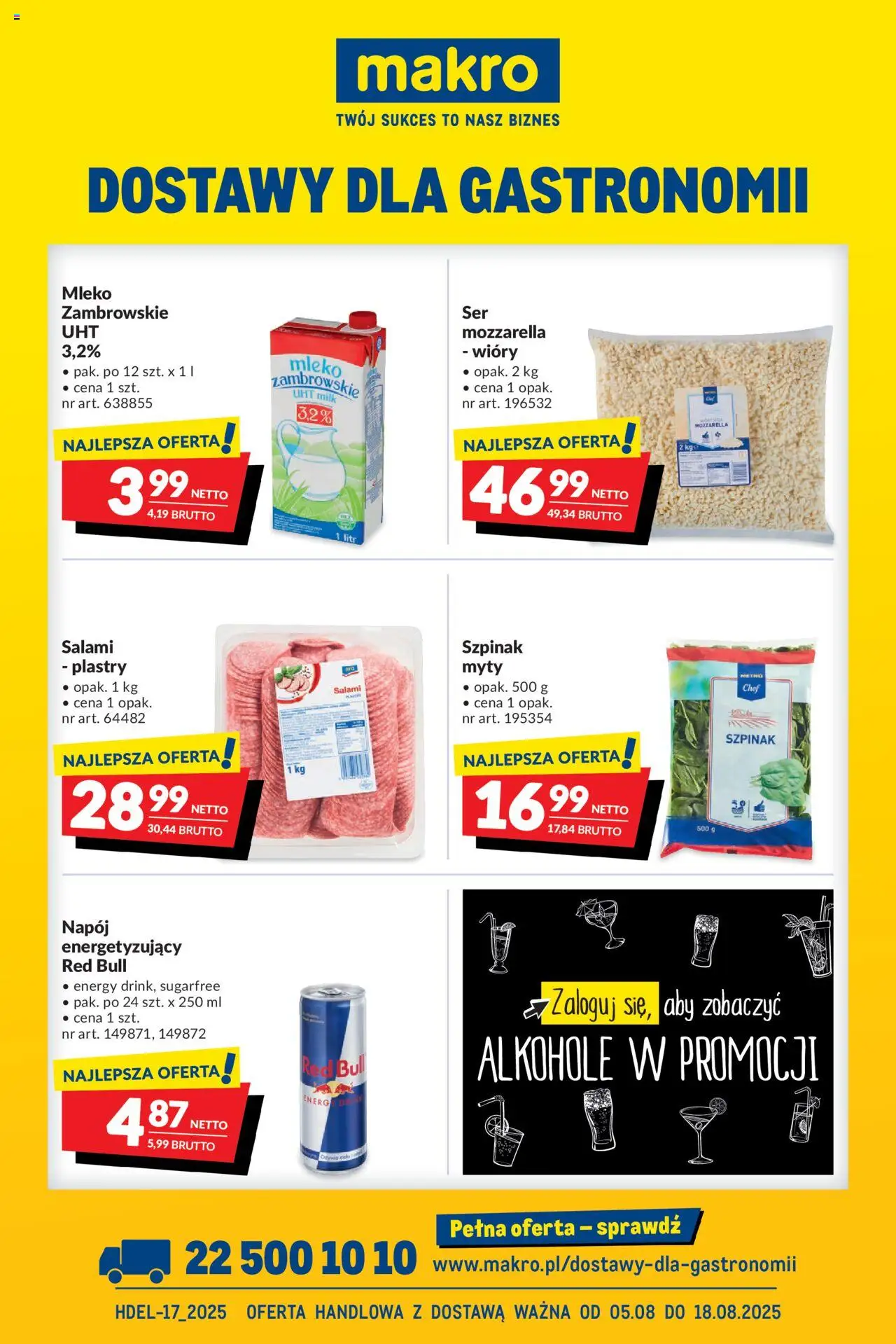Makro Gazetka - Dostawy dla gastronomii od 05.08.2025 | Strona: 1 | Produkty: Red bull, Szpinak, Salami, Mozzarella