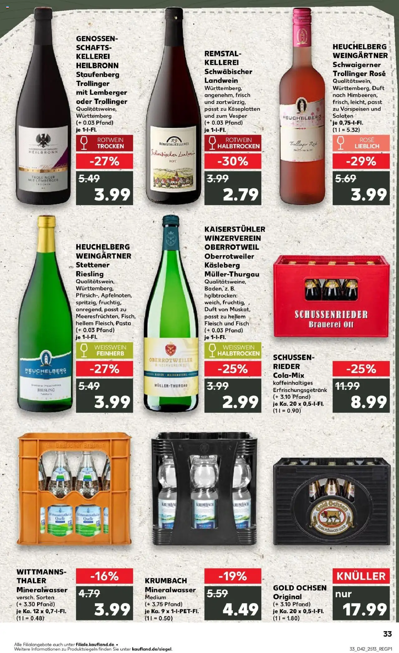 Kaufland prospekt Bad Saulgau	 – gültig ab 19.10.2025 | Seite: 33 | Produkte: Weißwein, Rotwein, Mineralwasser, Fisch