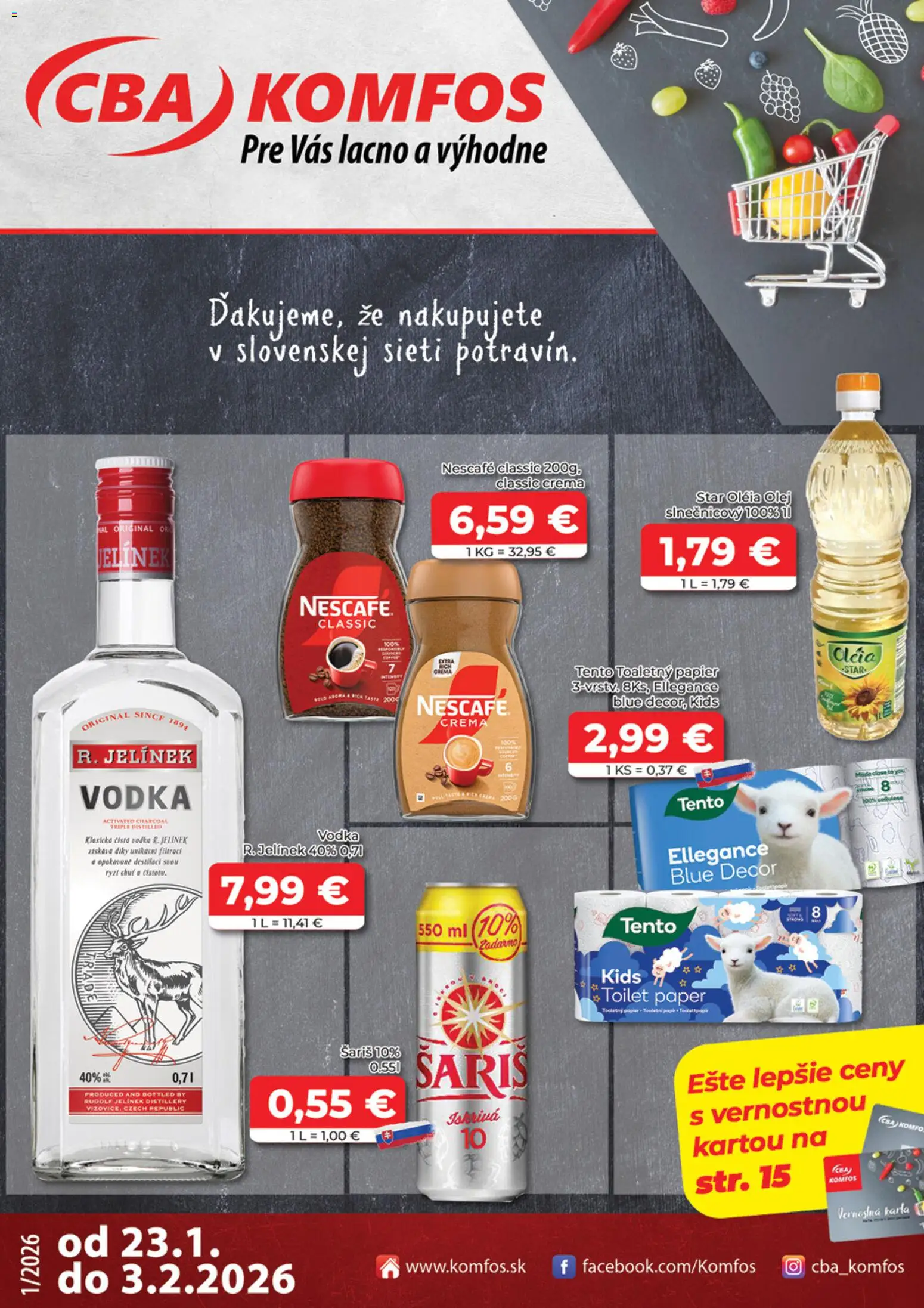 Nové CBA Komfos akcie – leták je platný od 23.01.2026 | Strana: 1 | Produkty: Olej, Toaletný papier, Šariš, Vodka