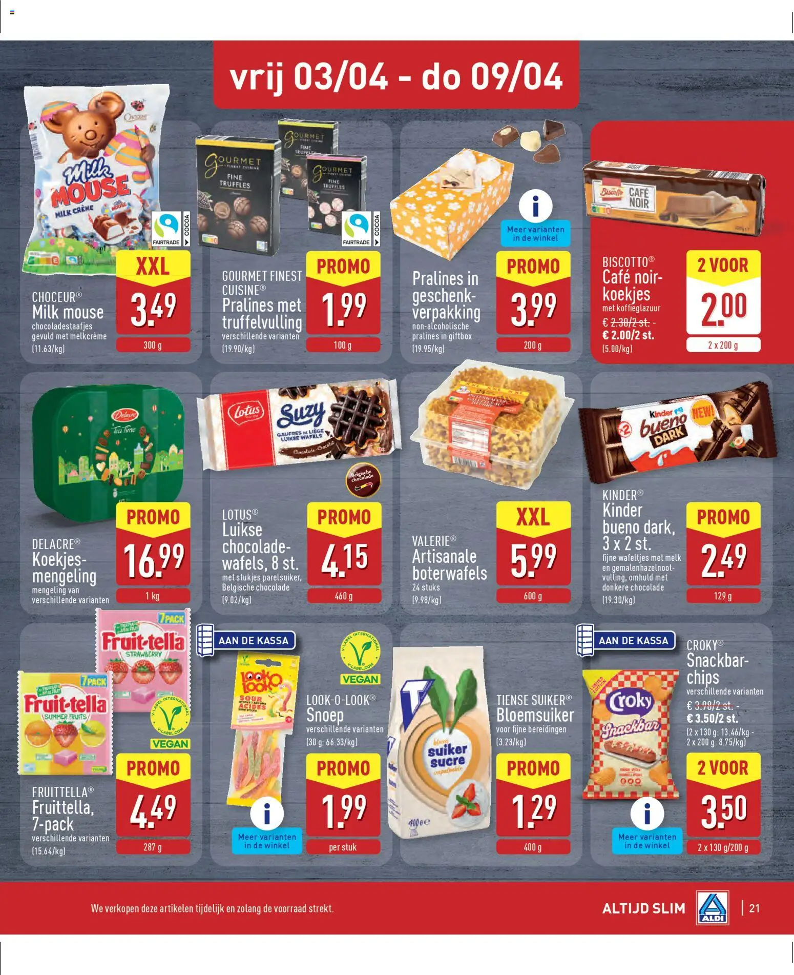 {H1} | Pagina: 21 | Producten: Koekjes, Wafels, Kinder, Snoep