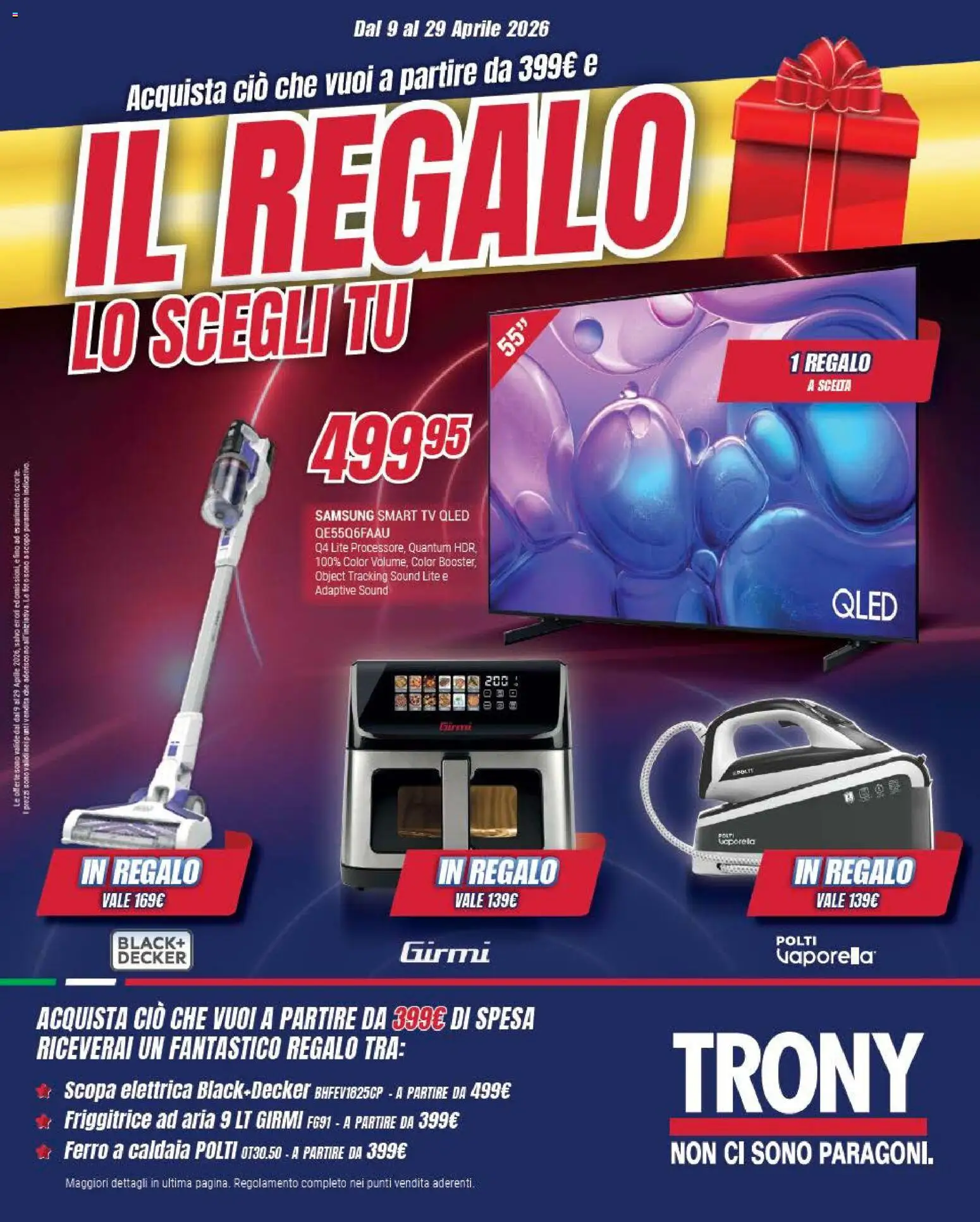 Volantino Trony del 09.04.2026 | Pagina: 1 | Prodotti: Friggitrice ad aria, smart TV, TV, Friggitrice