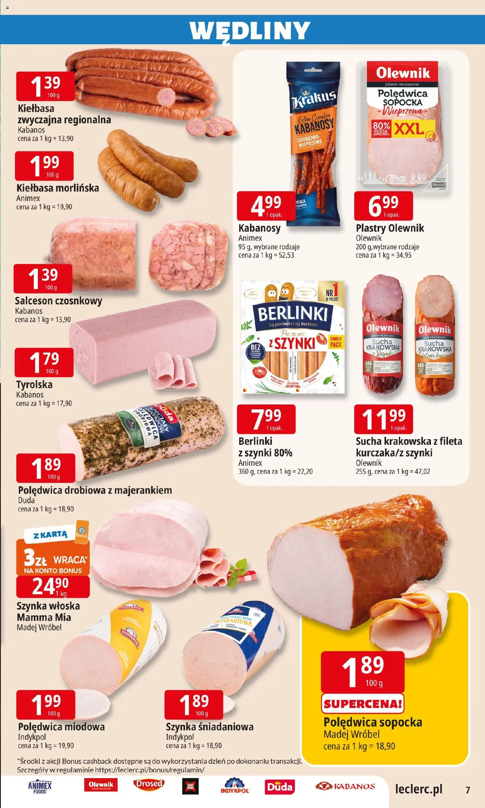E.Leclerc Gazetka - Tychy od 13.01.2026 | Strona: 7 | Produkty: Kiełbasa, Karta, Parówki, Wędliny