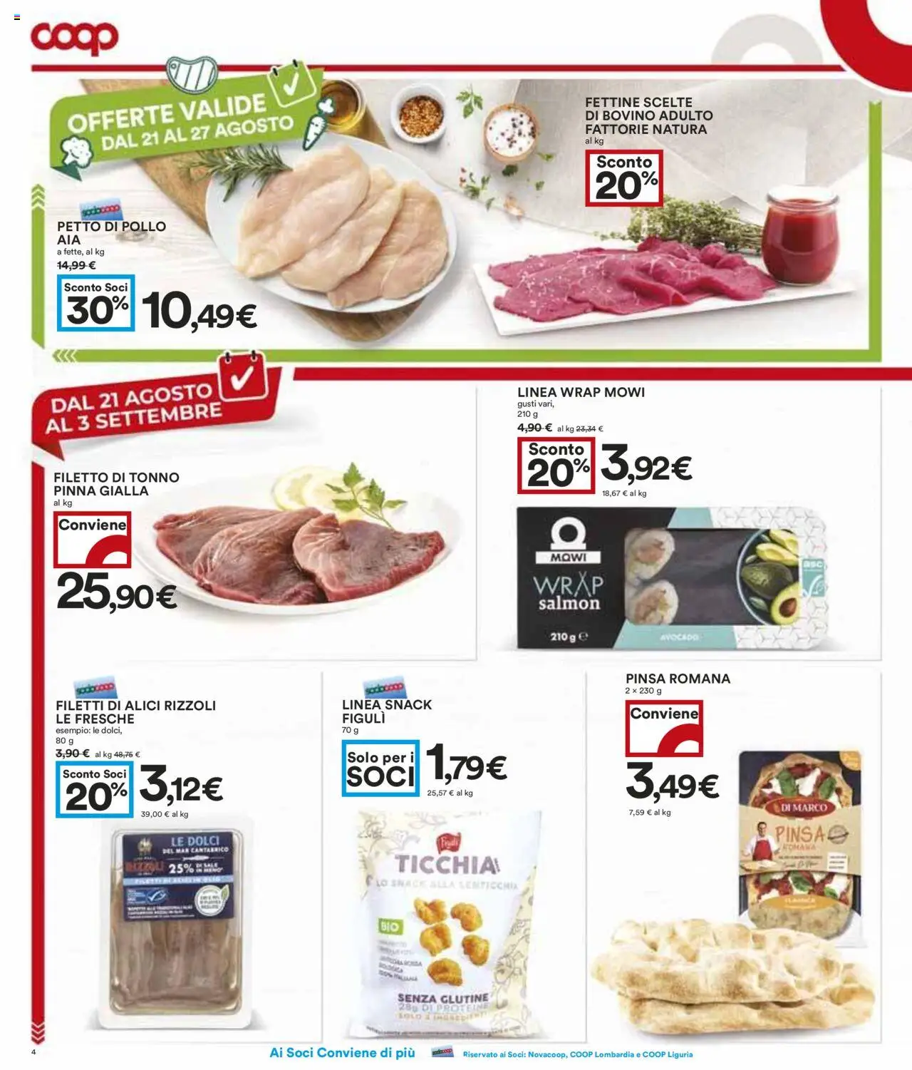 Volantino COOP del 21.08.2025 | Pagina: 4 | Prodotti: Petto di Pollo, Pollo, Avocado, Tonno