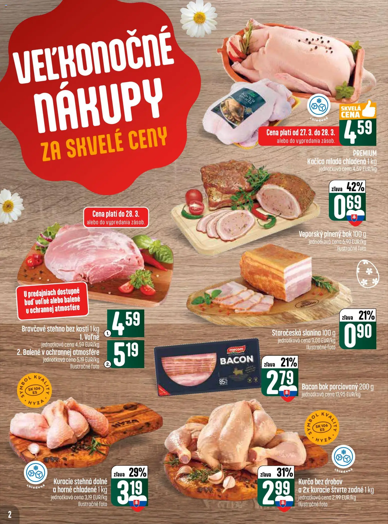 Nové COOP Jednota akcie – leták je platný od 26.03.2026 | Strana: 2 | Produkty: Slanina, Kačica, Kuracie stehná, Kurča