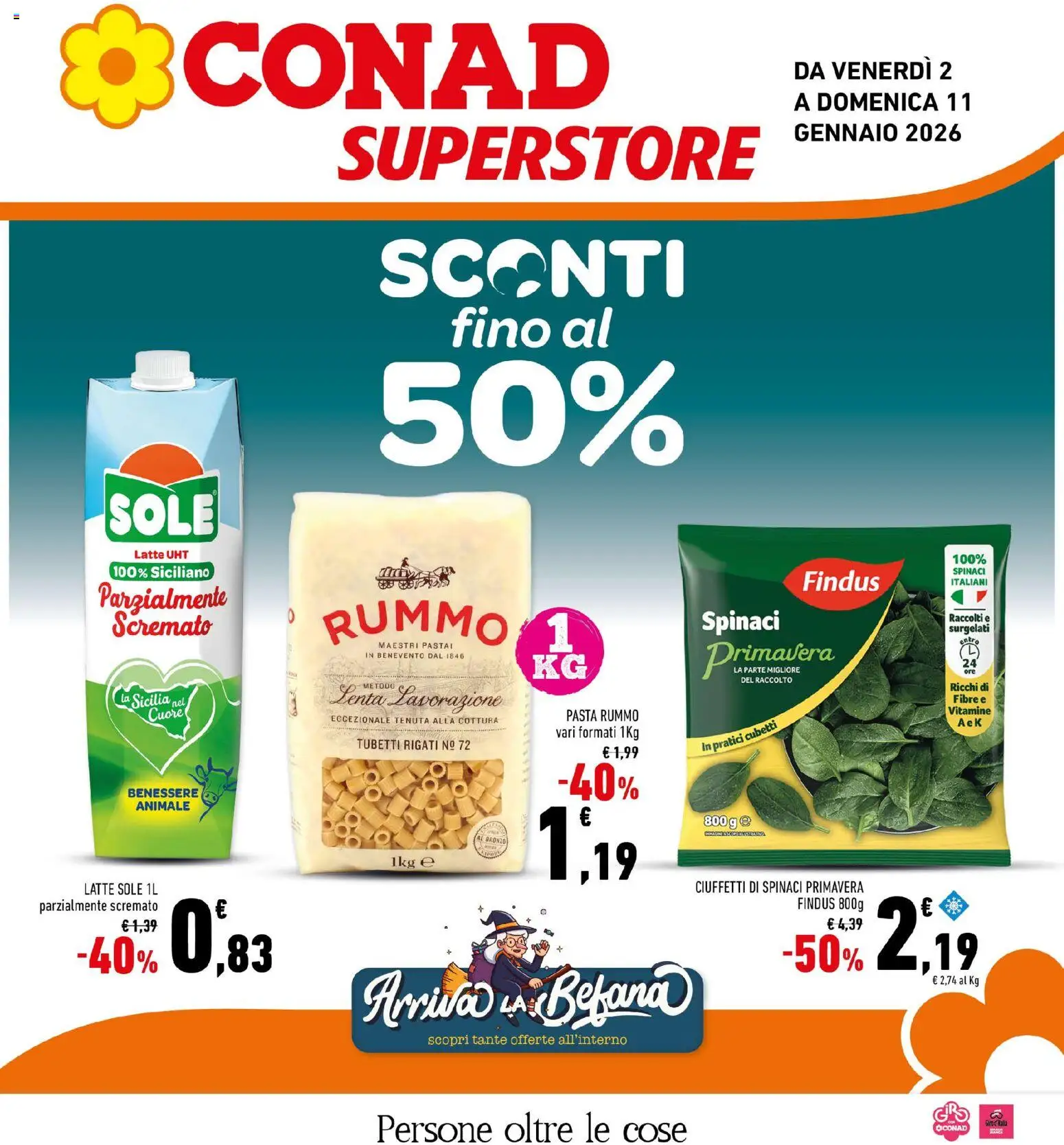Volantino Conad del 02.01.2026 | Pagina: 1 | Prodotti: Latte, Pasta, Spinaci