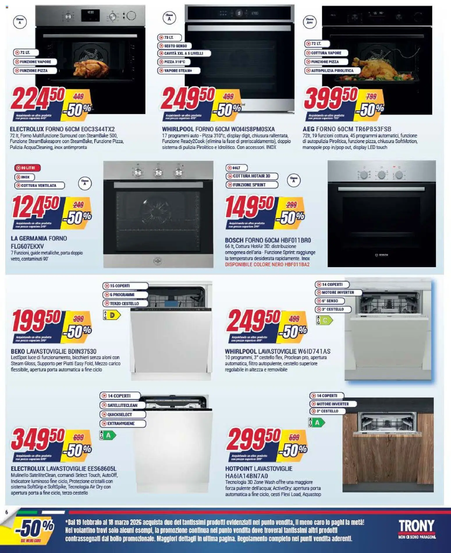 Volantino Trony del 19.02.2026 | Pagina: 6 | Prodotti: Pizza, Lavastoviglie, Forno