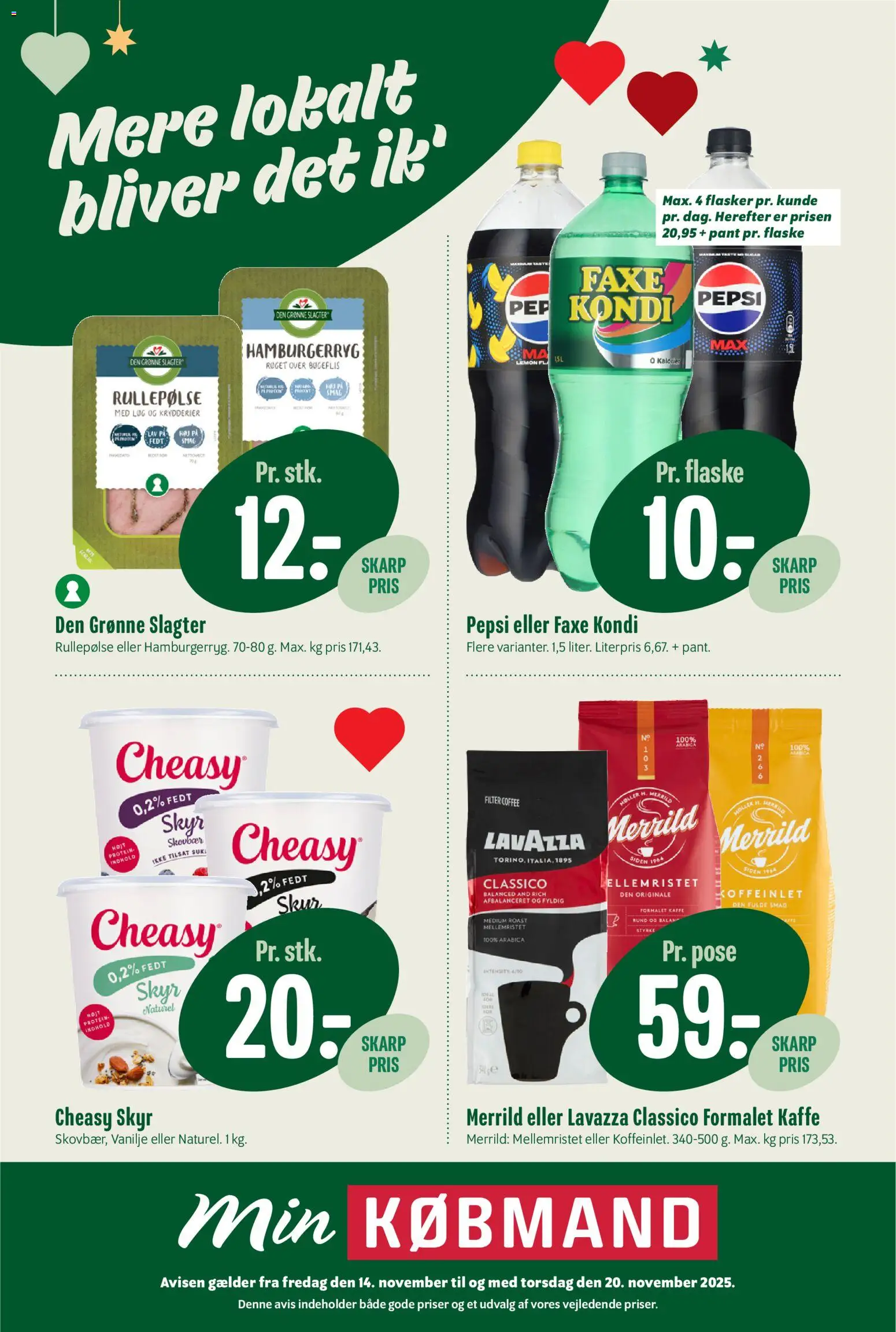 Min Købmand tilbudsavis – gyldig fra 14.11.2025 | Side: 1 | Produkter: Kaffe, Løg, Rullepølse, Pepsi