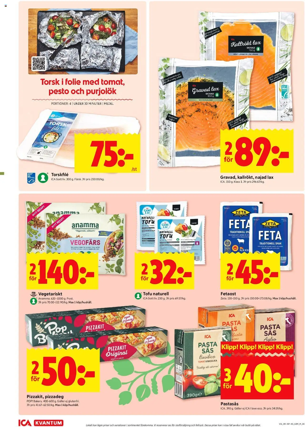 ICA Kvantum reklamblad aktuell från 28.07.2025 | Sida: 4 | Produkter: Galler, Fetaost, Pizzakit, Pasta