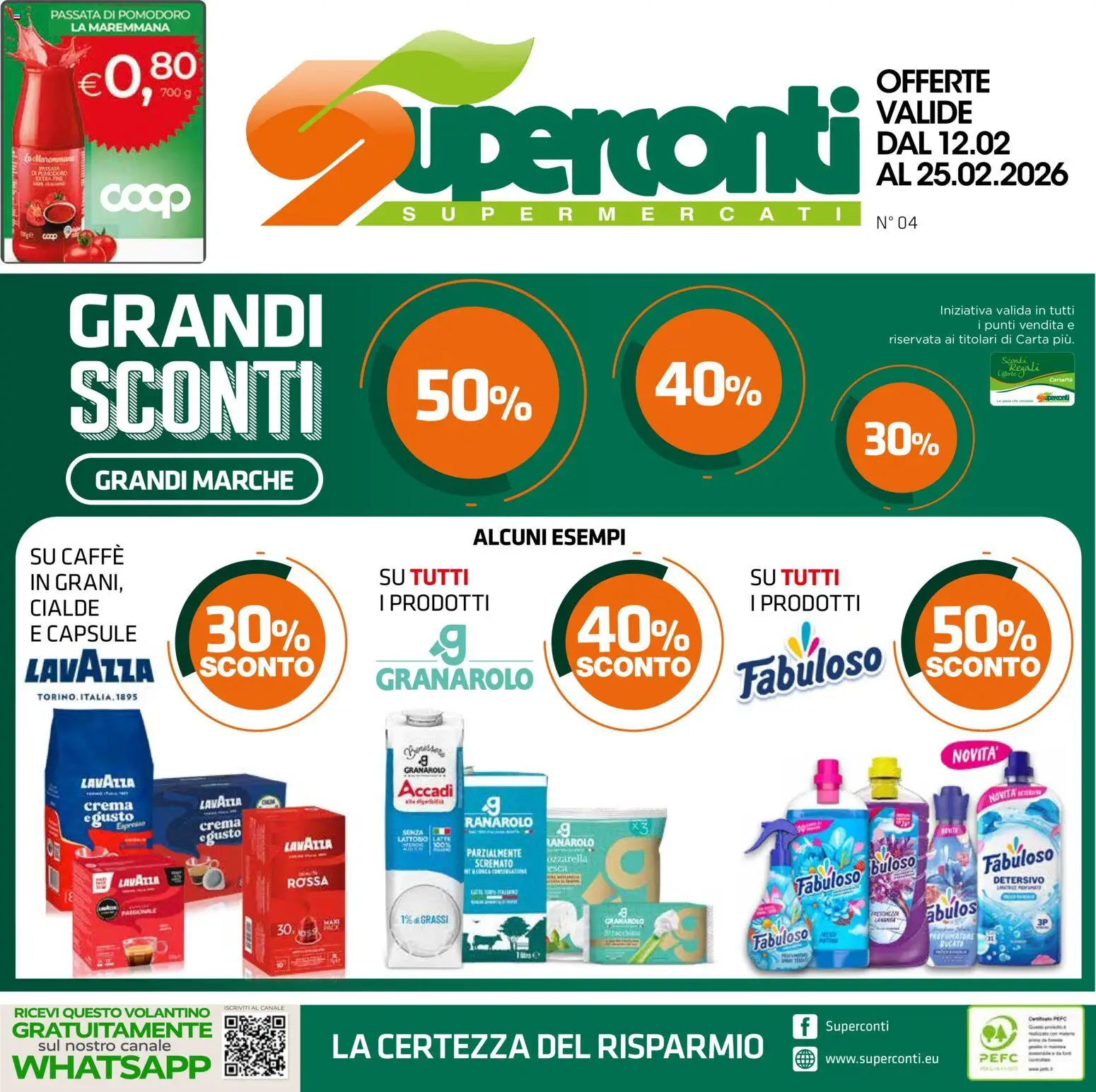 Volantino Superconti del 12.02.2026 | Pagina: 1 | Prodotti: Crema, Caffè, Passata di pomodoro, Lavazza
