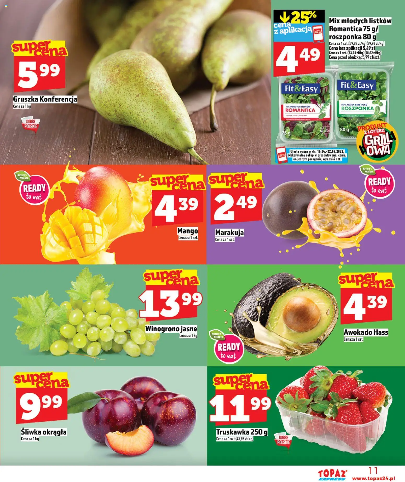 Topaz gazetka - Express od 16.04.2026 | Strona: 11 | Produkty: Mango, Gruszka, Roszponka, Awokado