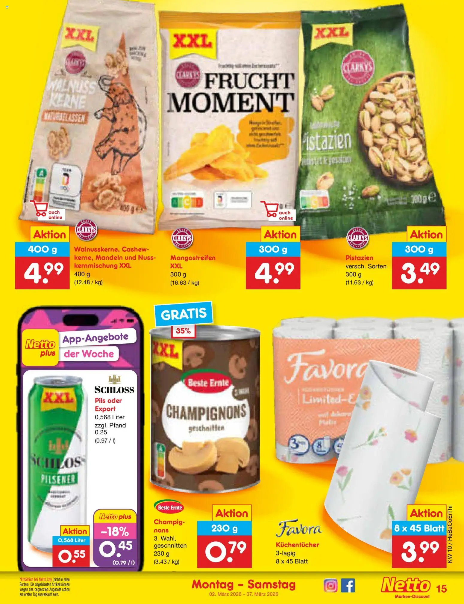 Netto Marken-Discount Prospekt 	 – gültig ab 02.03.2026 | Seite: 15 | Produkte: Pils, Mandeln, Pistazien, Champignons