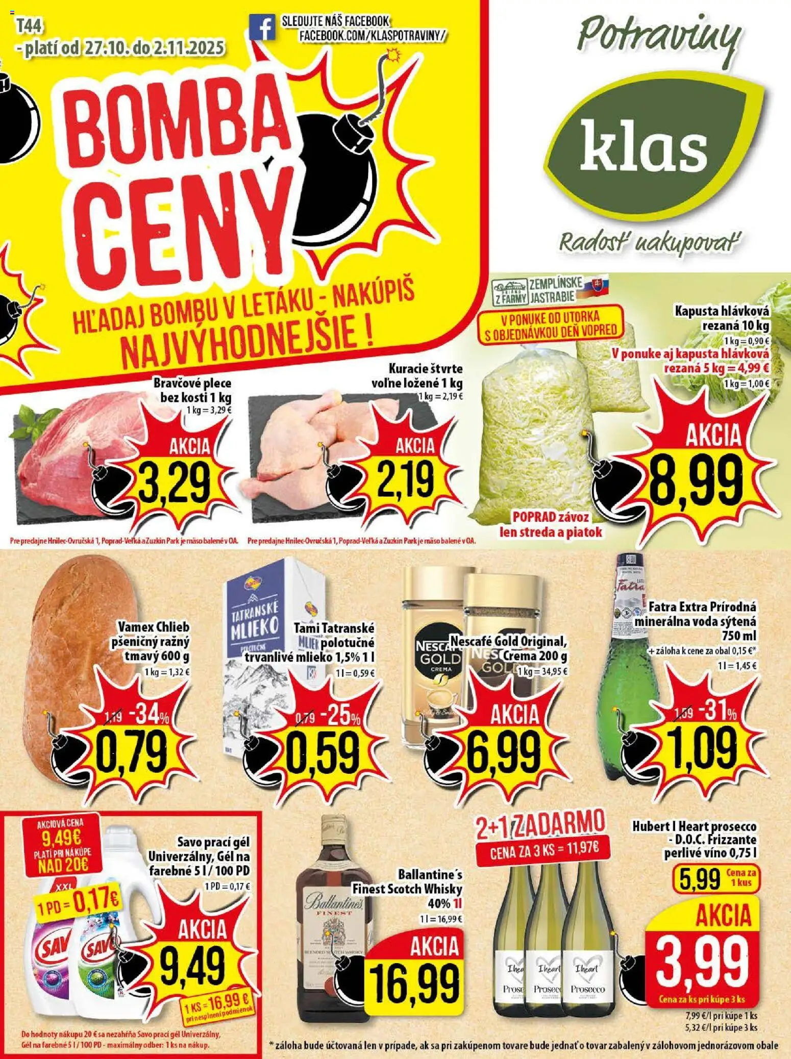 Nové Klas akcie – leták je platný od 27.10.2025 | Strana: 1 | Produkty: Kapusta, Víno, Savo, Fatra