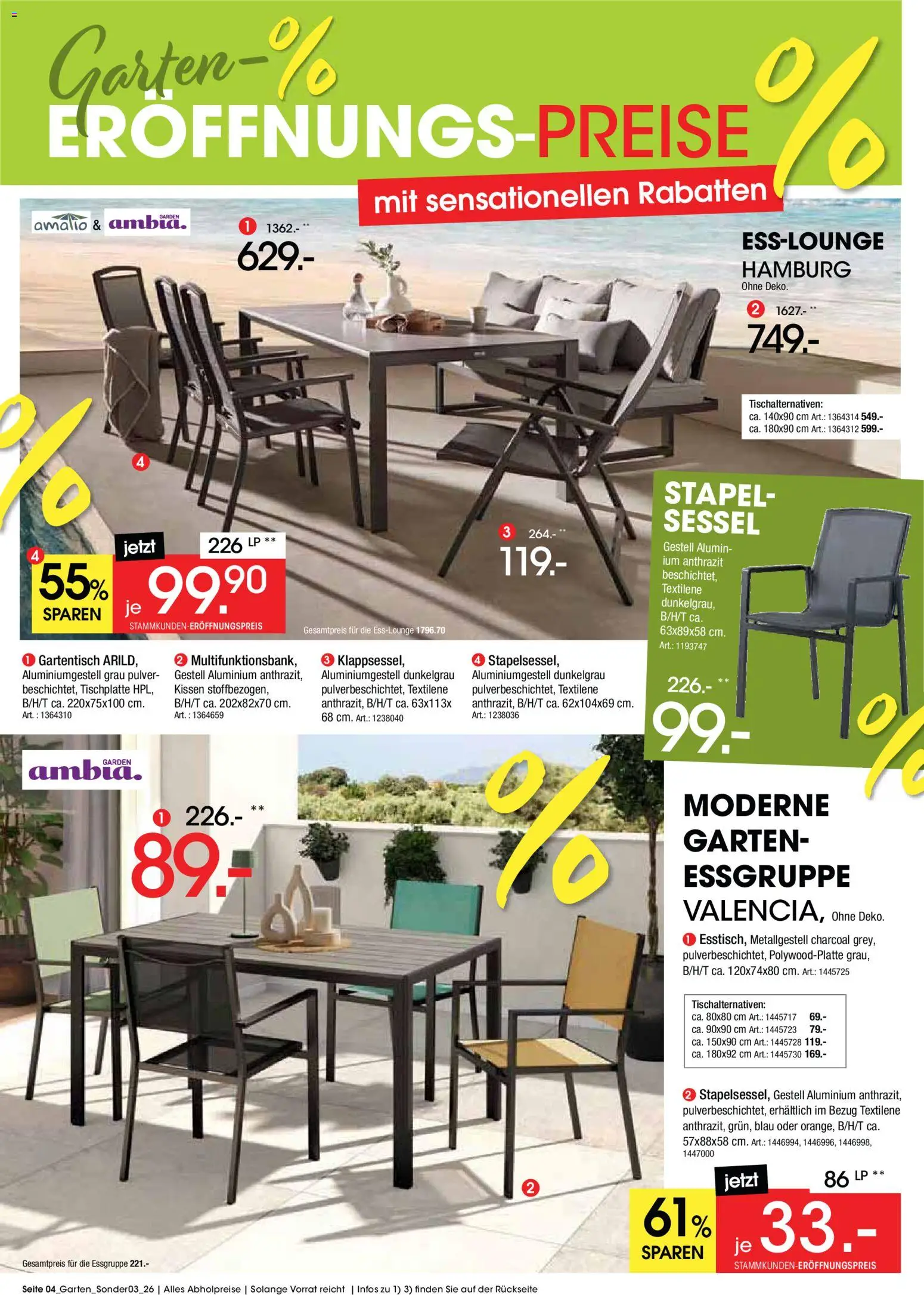 Zurbrüggen Garten Eröffnungspreise – gültig ab 27.04.2026 | Seite: 4 | Produkte: Kissen, Essgruppe, Sessel