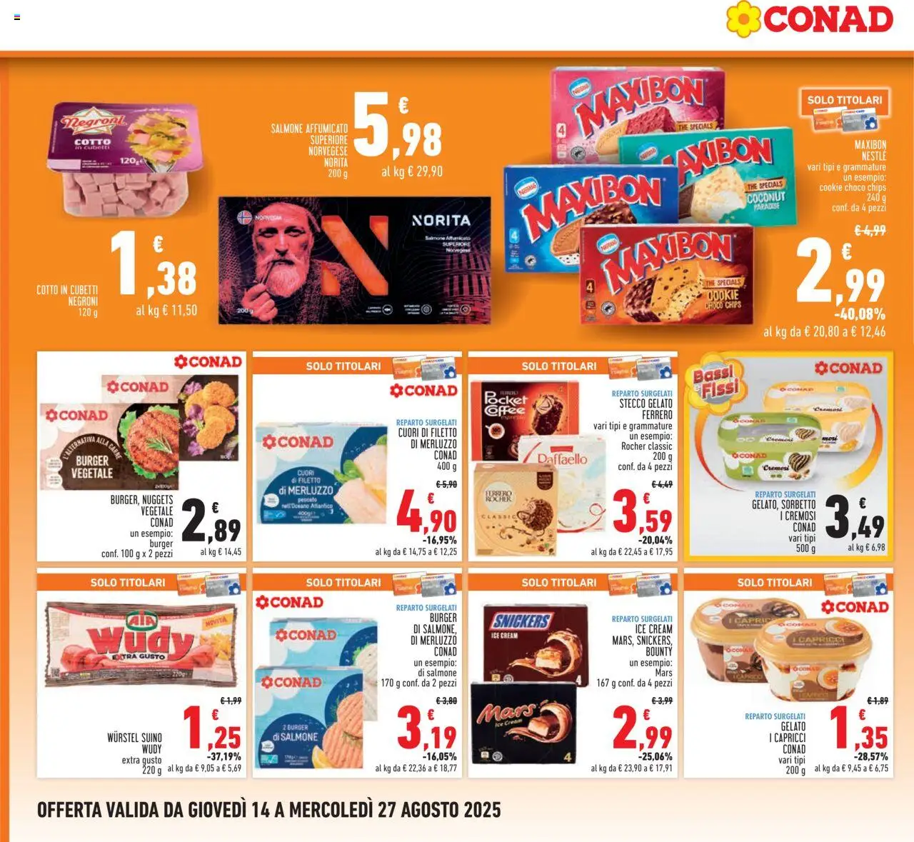 Volantino Conad del 14.08.2025 | Pagina: 8 | Prodotti: Salmone affumicato, Gelato, Sorbetto, Wurstel