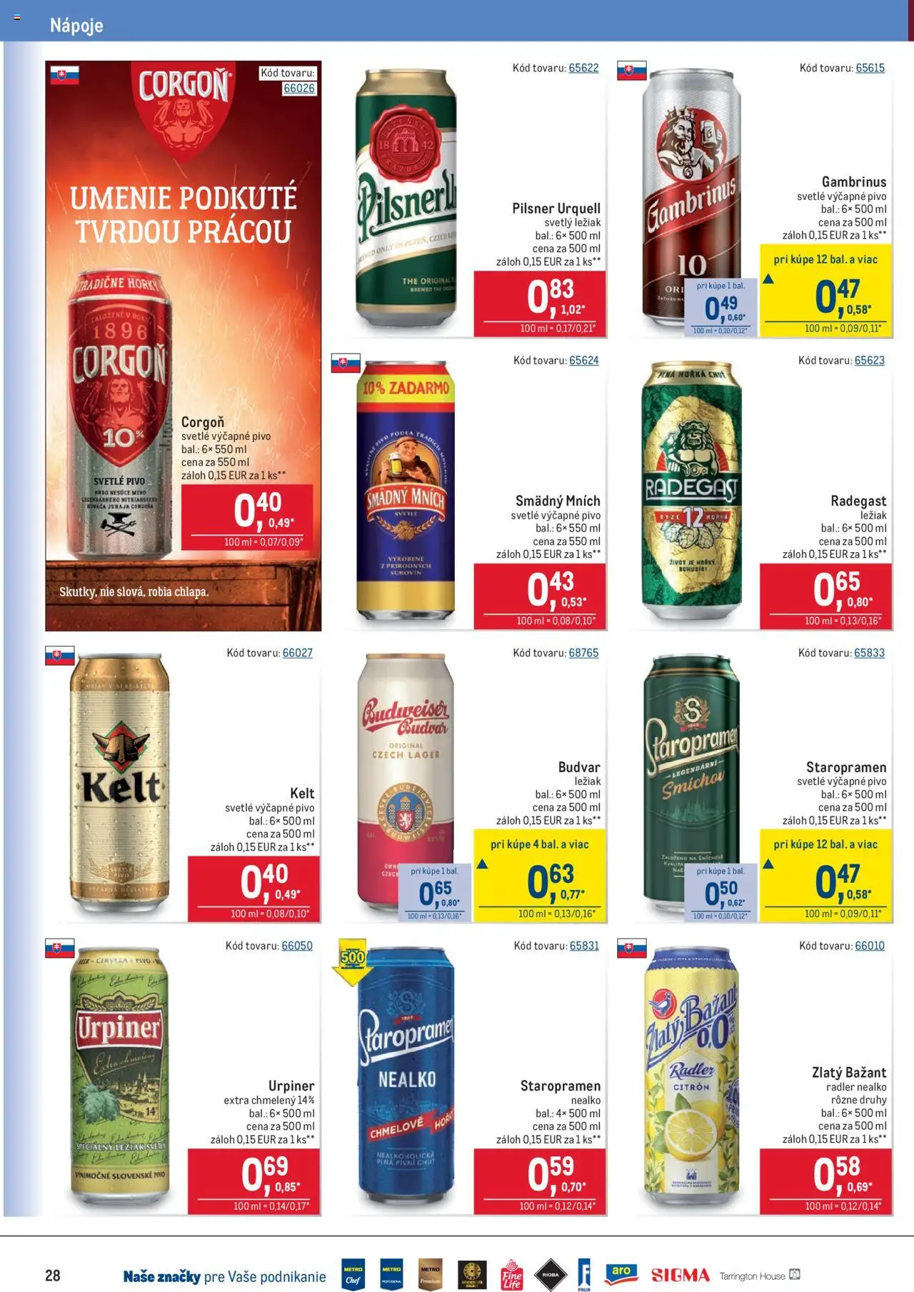 Nové Metro akcie – leták je platný od 10.09.2025 | Strana: 28 | Produkty: Pivo, Pilsner Urquell, Radegast, Zlatý Bažant