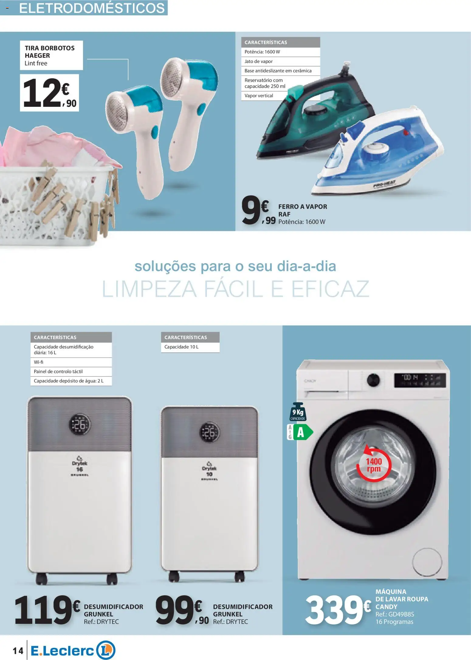 E.Leclerc Têxtil Lar e Limpeza │ válido de 30.12.2025 | Página: 14 | Produtos: Agua, Ferro a vapor, Máquina de lavar, Ferro
