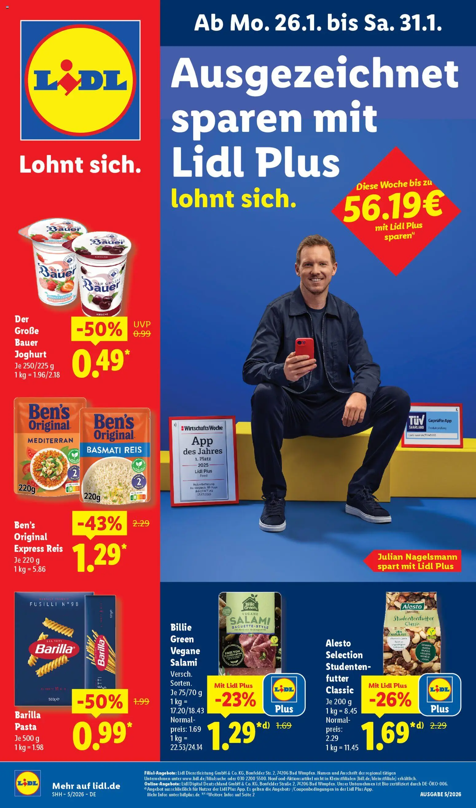 Lidl Prospekt Zossen – gültig ab 26.01.2026 | Seite: 1 | Produkte: Joghurt, Zucker, Pasta, Reis