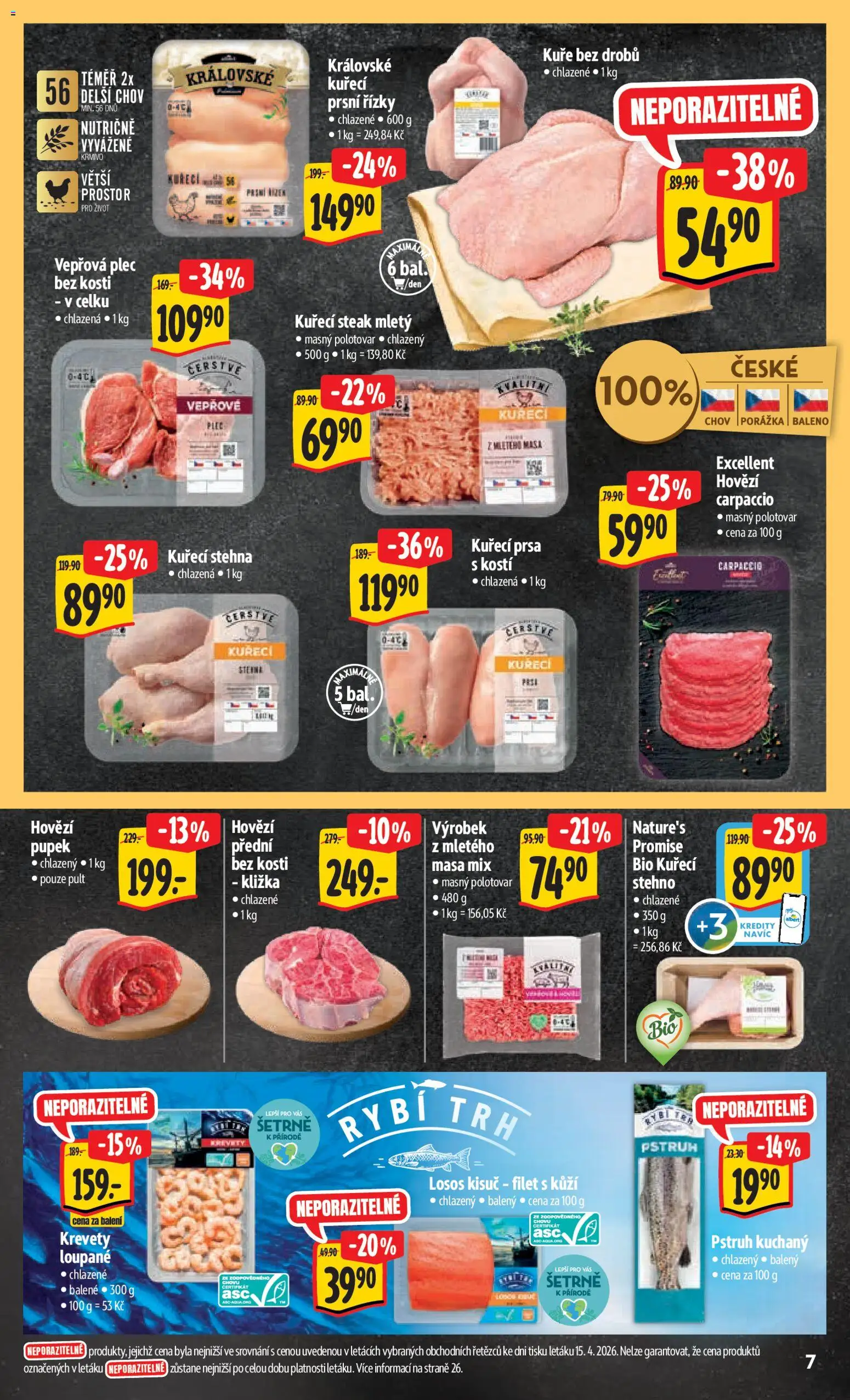Albert leták - Hypermarket od 22.04.2026 | Strana: 15 | Produkty: Kuřecí prsa, Losos, Vepřová plec, Kuřecí stehna