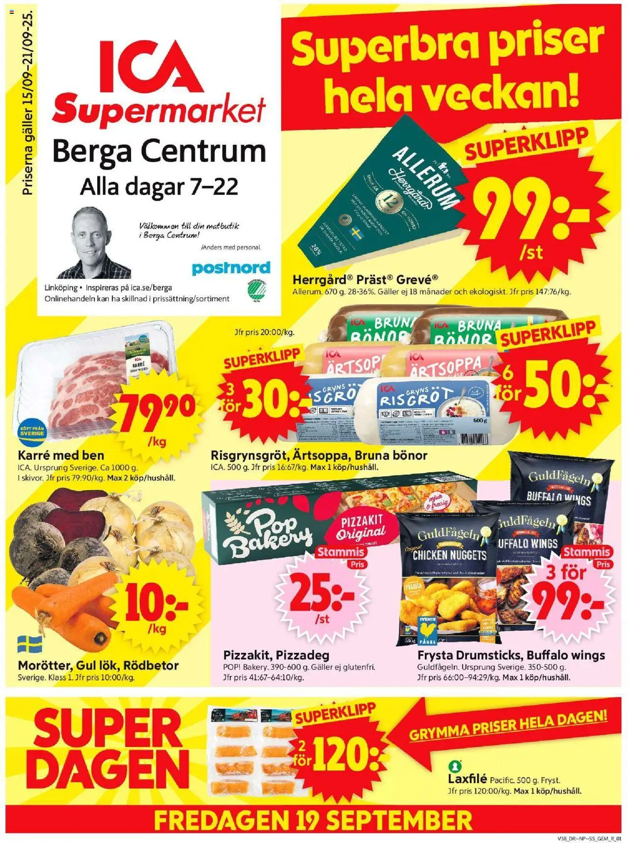 ICA Supermarket reklamblad aktuell från 15.09.2025 | Sida: 1 | Produkter: Galler, Pizzakit, Bönor