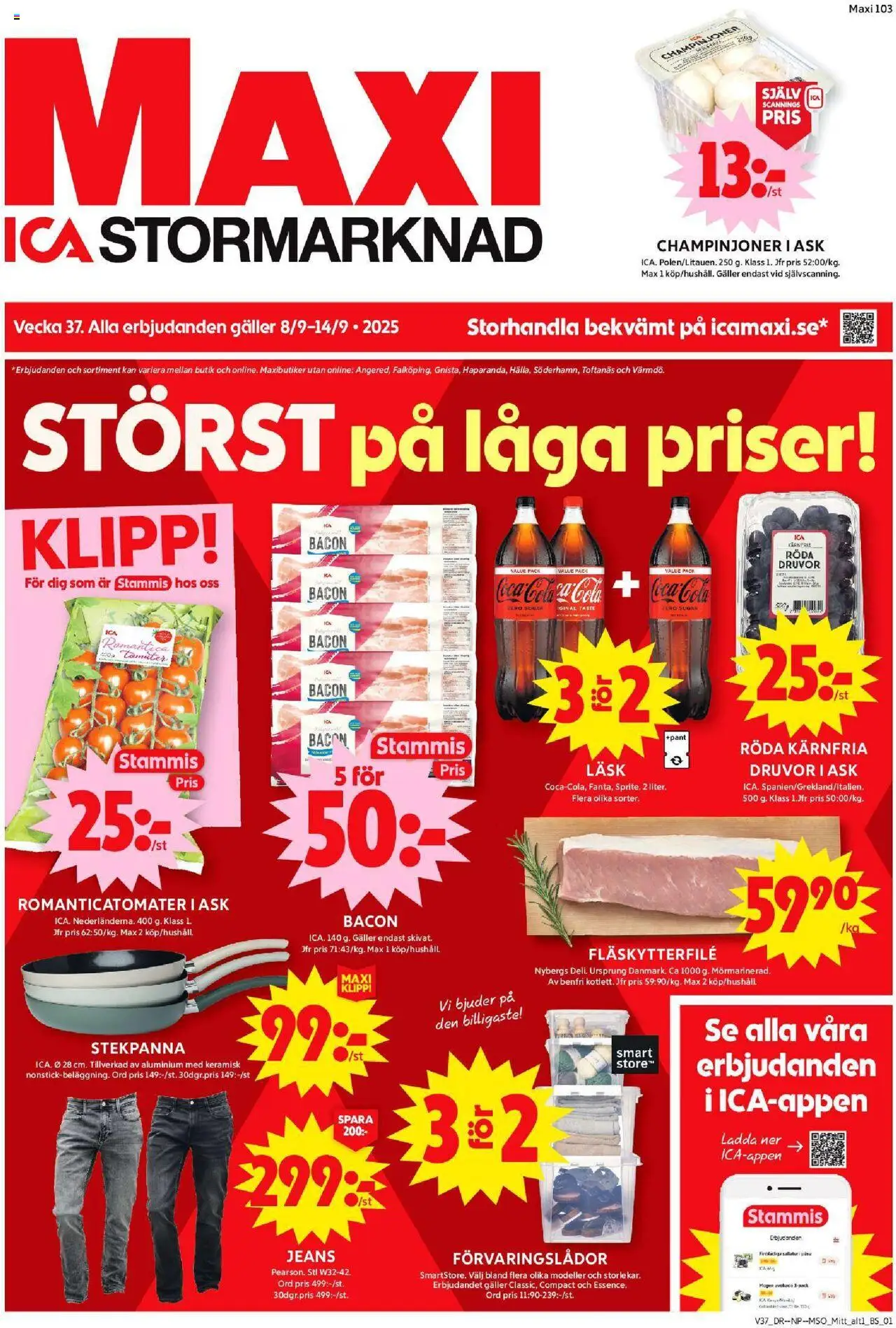 ICA Maxi reklamblad aktuell från 08.09.2025 | Sida: 1 | Produkter: Förvaringslådor, Fläskytterfilé, Coca cola, Stekpanna