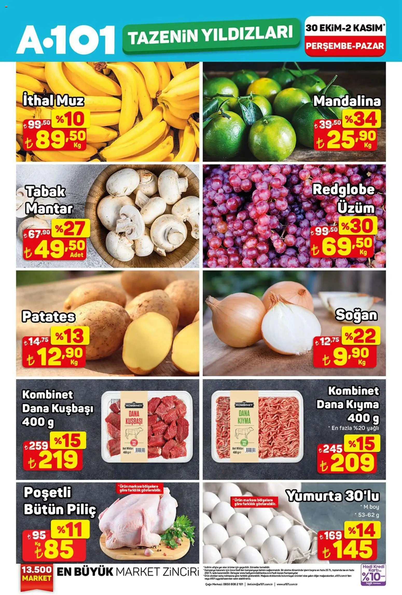 A101 Tazenin Yıldızları - 30.10.2025 tarihinden itibaren geçerlidir | Sayfa: 1 | Ürünler: Yumurta, Muz, Piliç, Üzüm