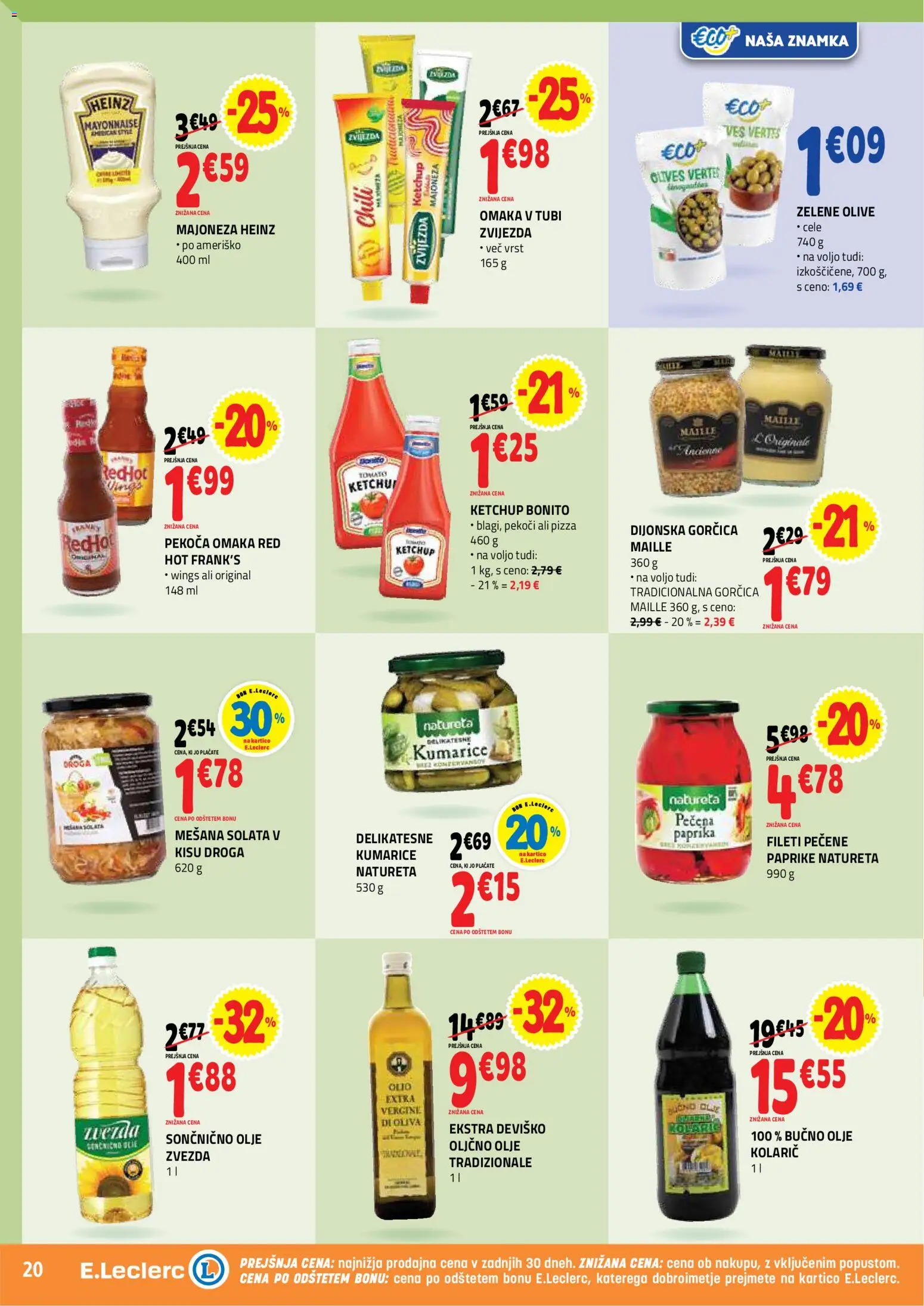 Novi E.leclerc katalog ponudbe – veljaven od 29.04.2026 | Stran: 20 | Izdelki: Bučno olje, Olje, Kumarice, Majoneza