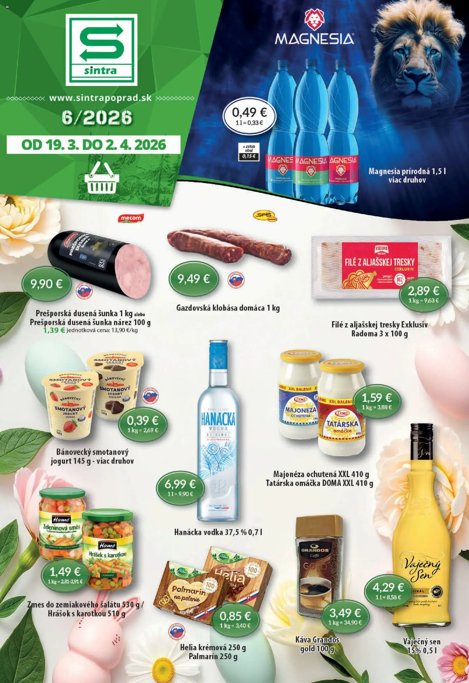 Nové Sintra akcie – leták je platný od 19.03.2026 | Strana: 1 | Produkty: Káva, Šunka, Klobása, Vodka