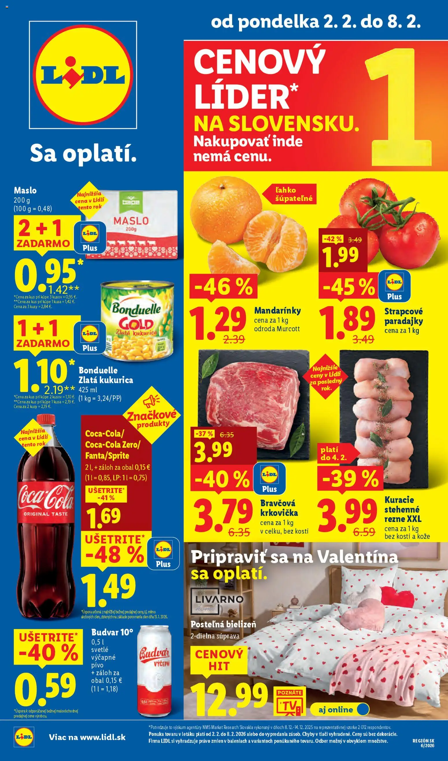 Nové Lidl akcie – leták je platný od 02.02.2026 | Strana: 1 | Produkty: Bravčová krkovička, Budvar, Mandarinky, Kukurica