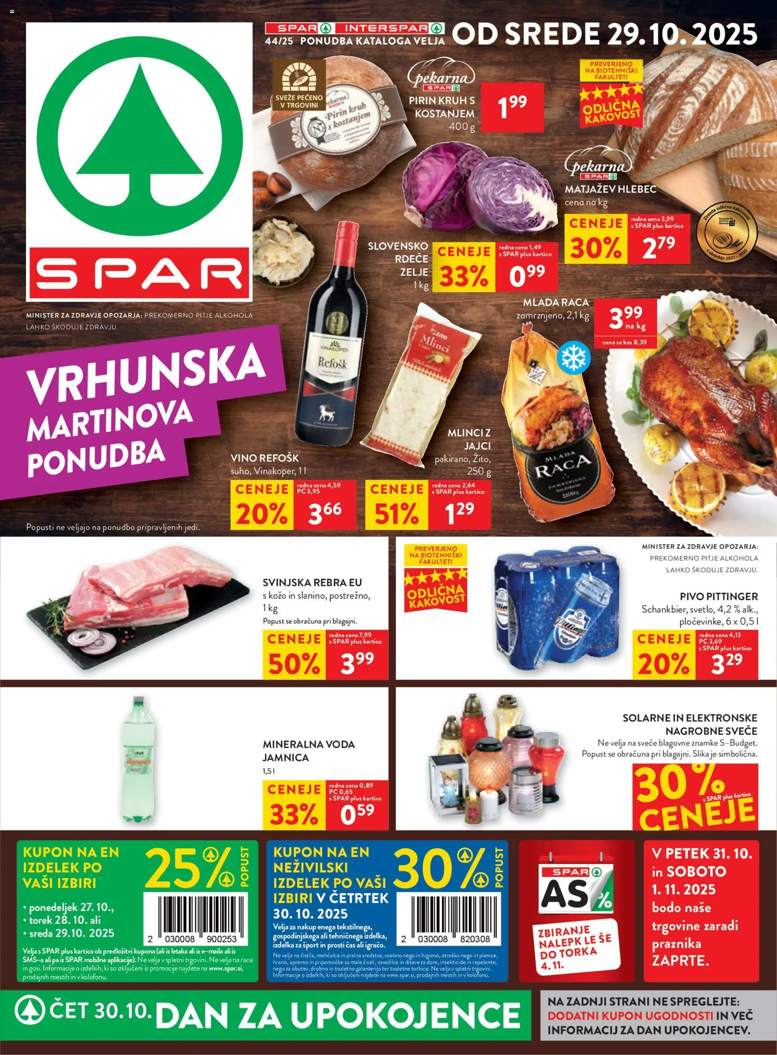 Novi Spar katalog ponudbe – veljaven od 29.10.2025 | Stran: 1 | Izdelki: Pekarna, Hlebec, Mineralna voda, Voda