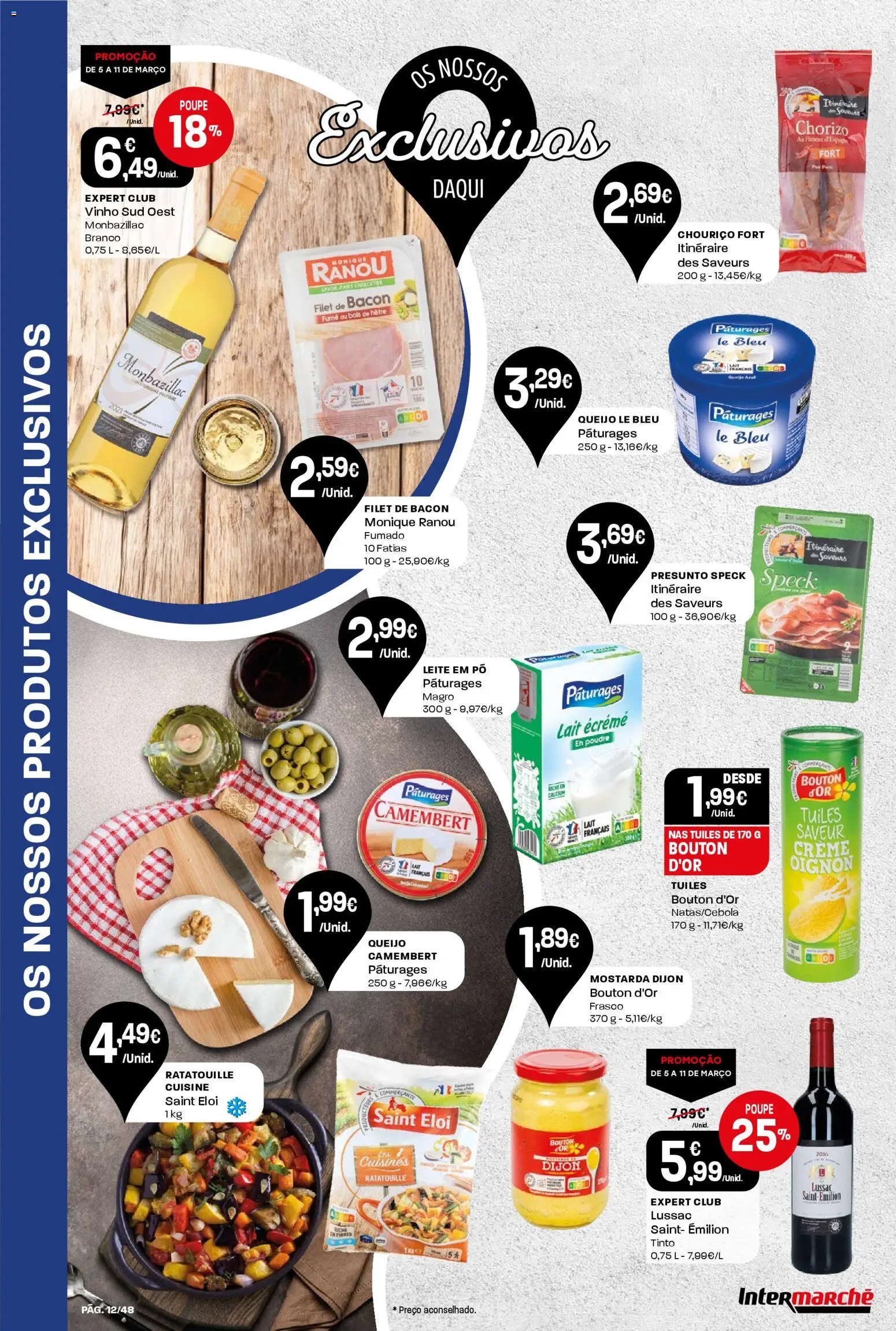 Intermarché folheto │ válido de 05.03.2026 | Página: 12 | Produtos: Bacon, Leite, Queijo, Chouriço
