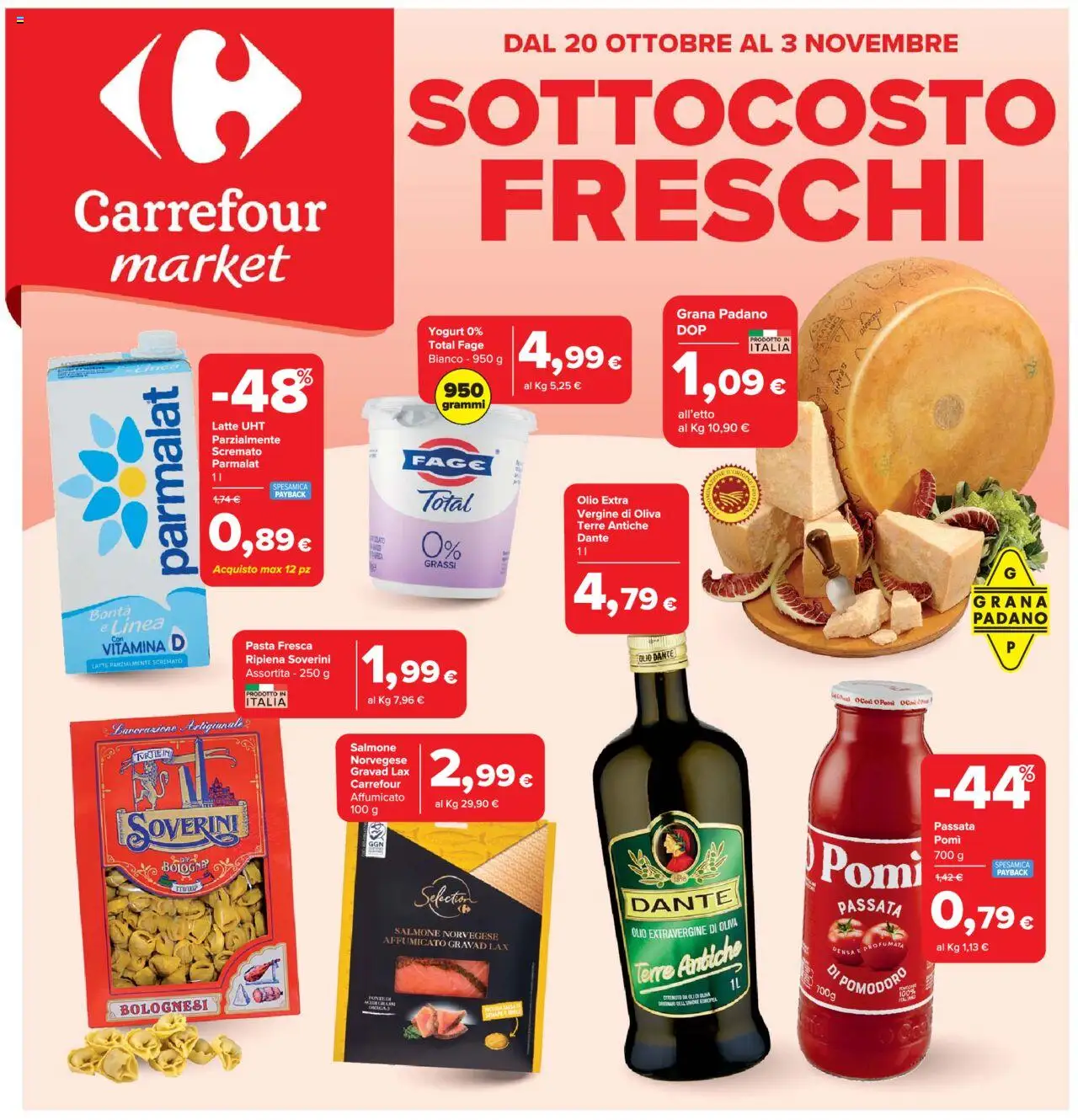 Volantino Carrefour del 20.10.2025 | Pagina: 1 | Prodotti: Yogurt, Latte, Pasta, Grana Padano