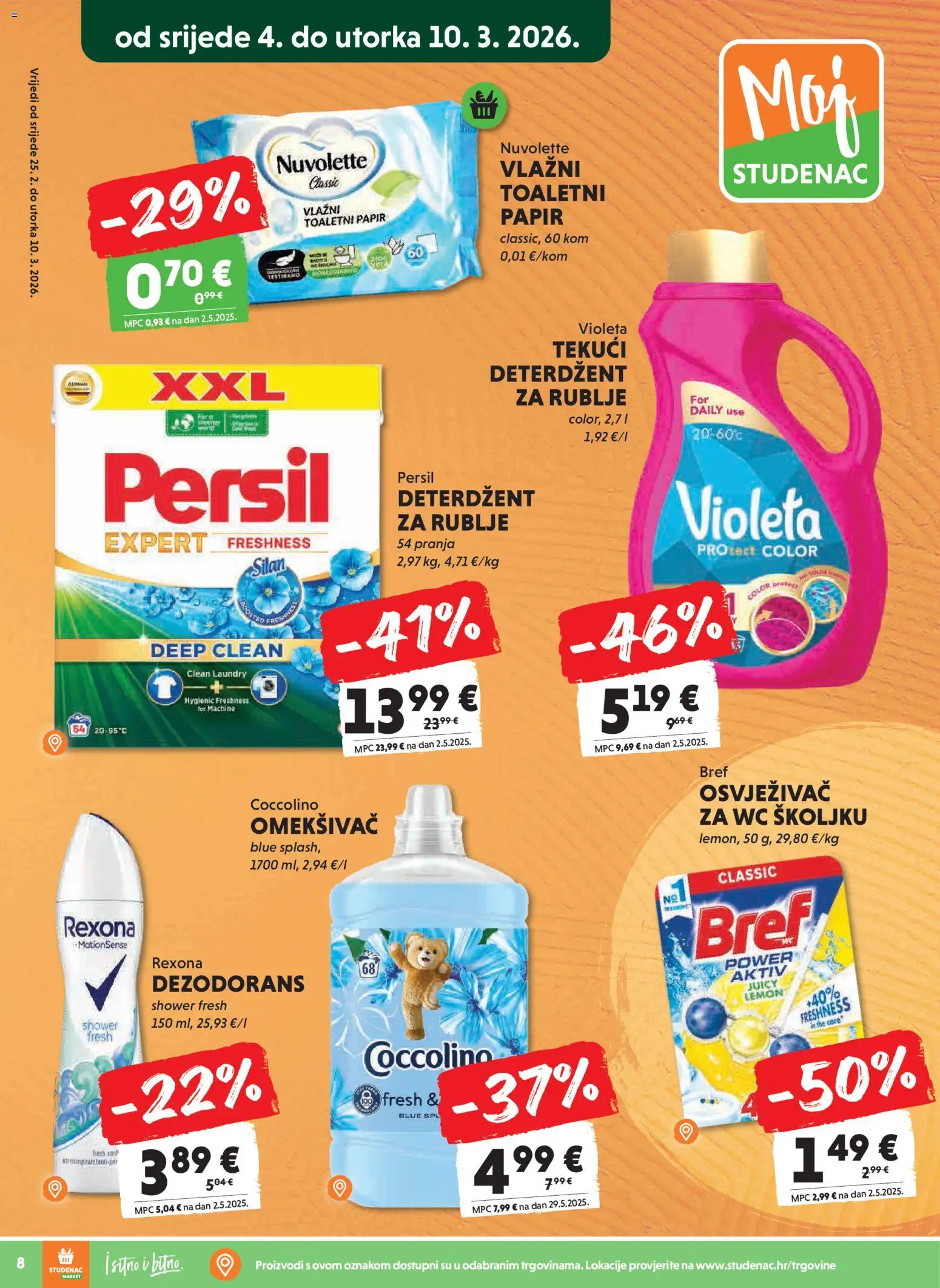 Studenac katalog | vrijedi od 04.03.2026 | Stranica: 8 | Proizvodi: Omekšivač, Deterdžent, Tekući deterdžent, Coccolino