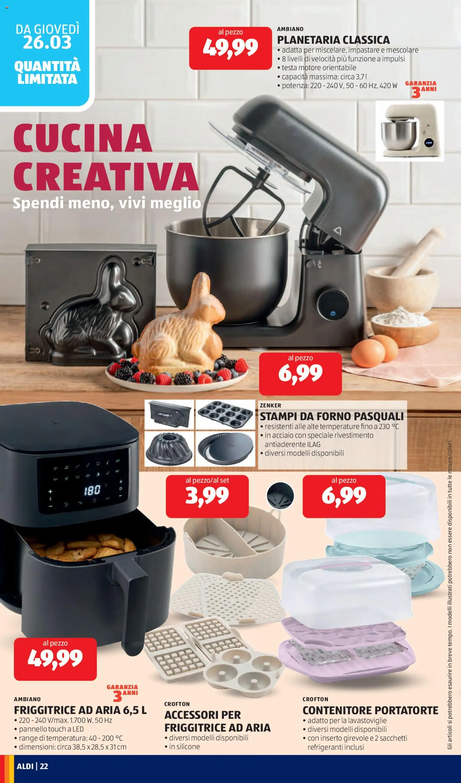 Volantino Aldi del 23.03.2026 | Pagina: 22 | Prodotti: Friggitrice ad aria, Contenitore, Silicone, Forno