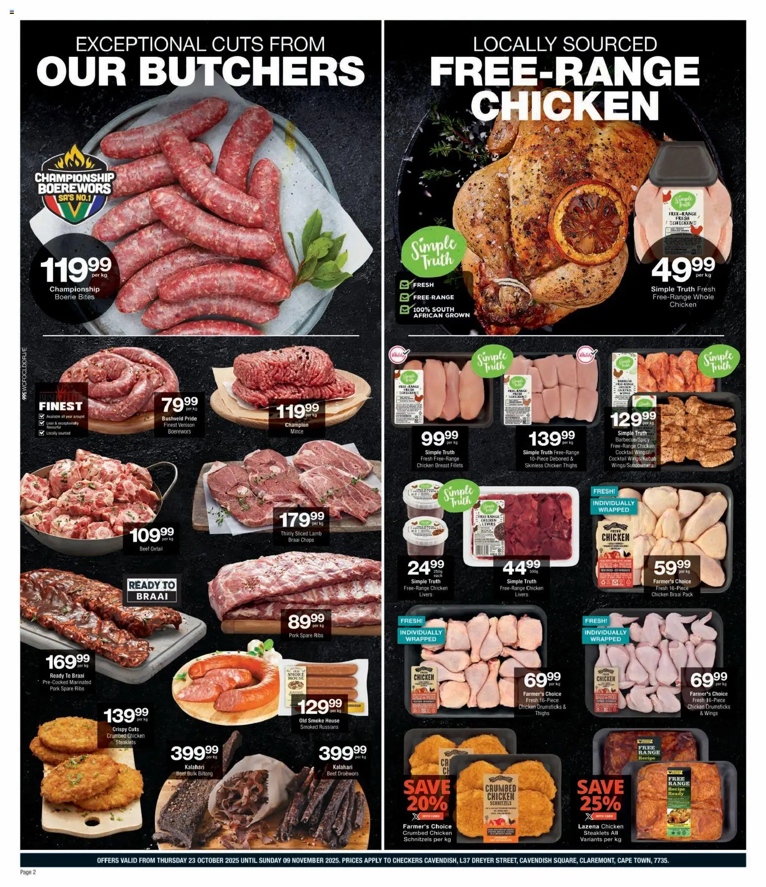 New Checkers catalogue – valid from 23.10.2025 | Page: 2 | Products: Boerewors, Magdalenas, Chicken, Beef