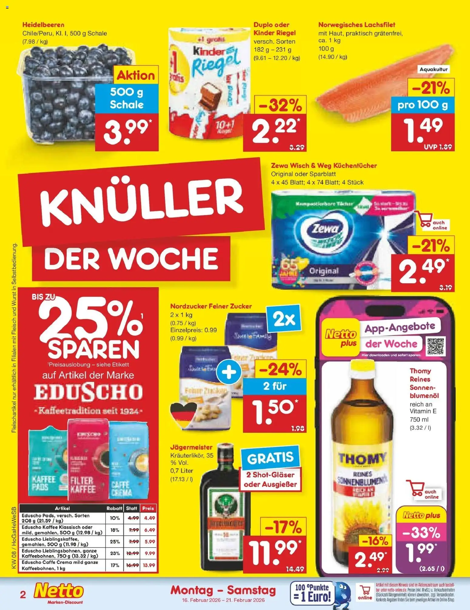 Netto Marken-Discount - Netto: Wochenangebote – gültig ab 16.02.2026 | Seite: 2 | Produkte: Heidelbeeren, Jägermeister, Zucker, Fleisch