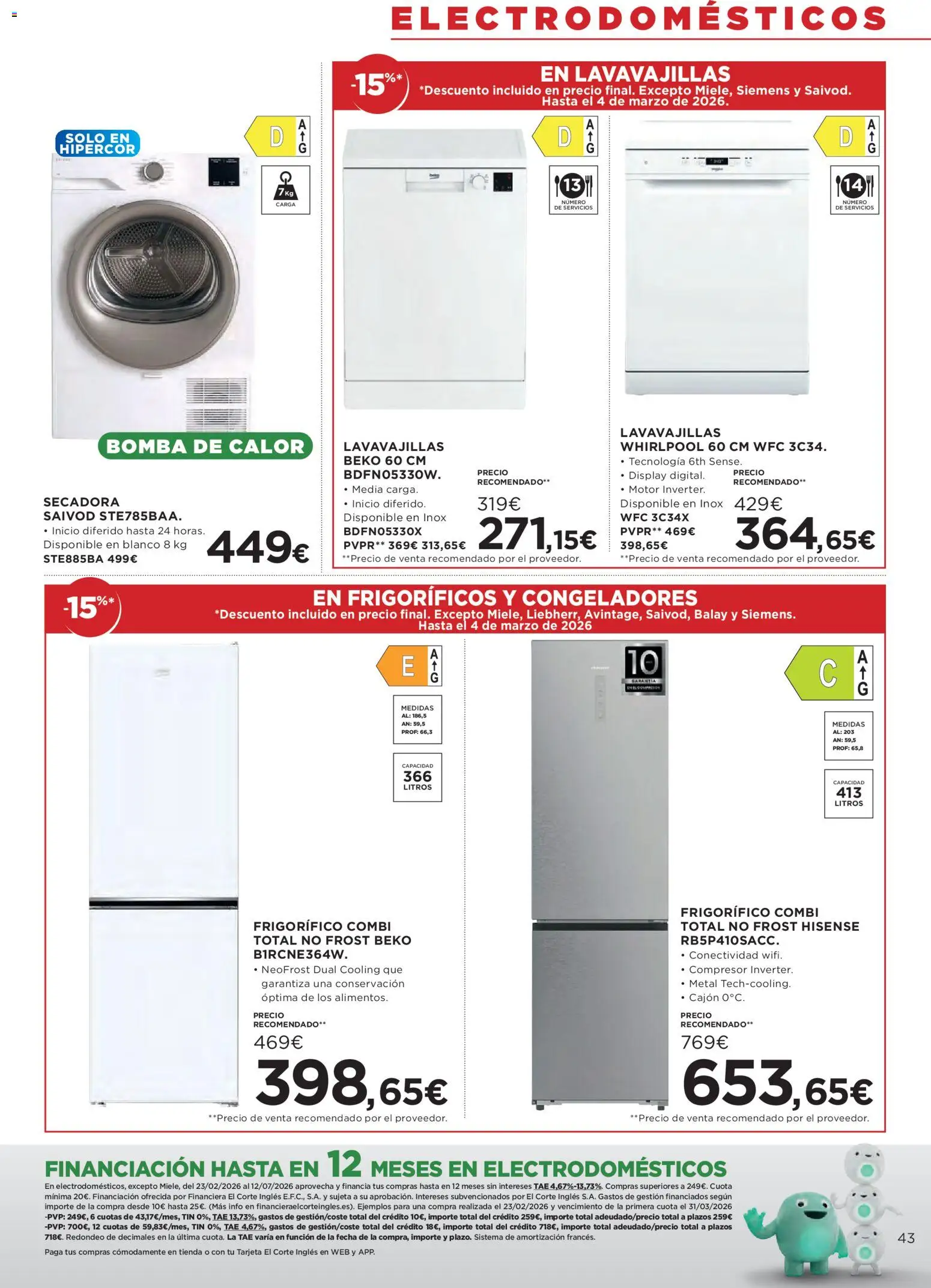 Hipercor catálogo │ válido desde el 26.02.2026 | Página: 43 | Productos: Secadora, Lavavajillas, Combi