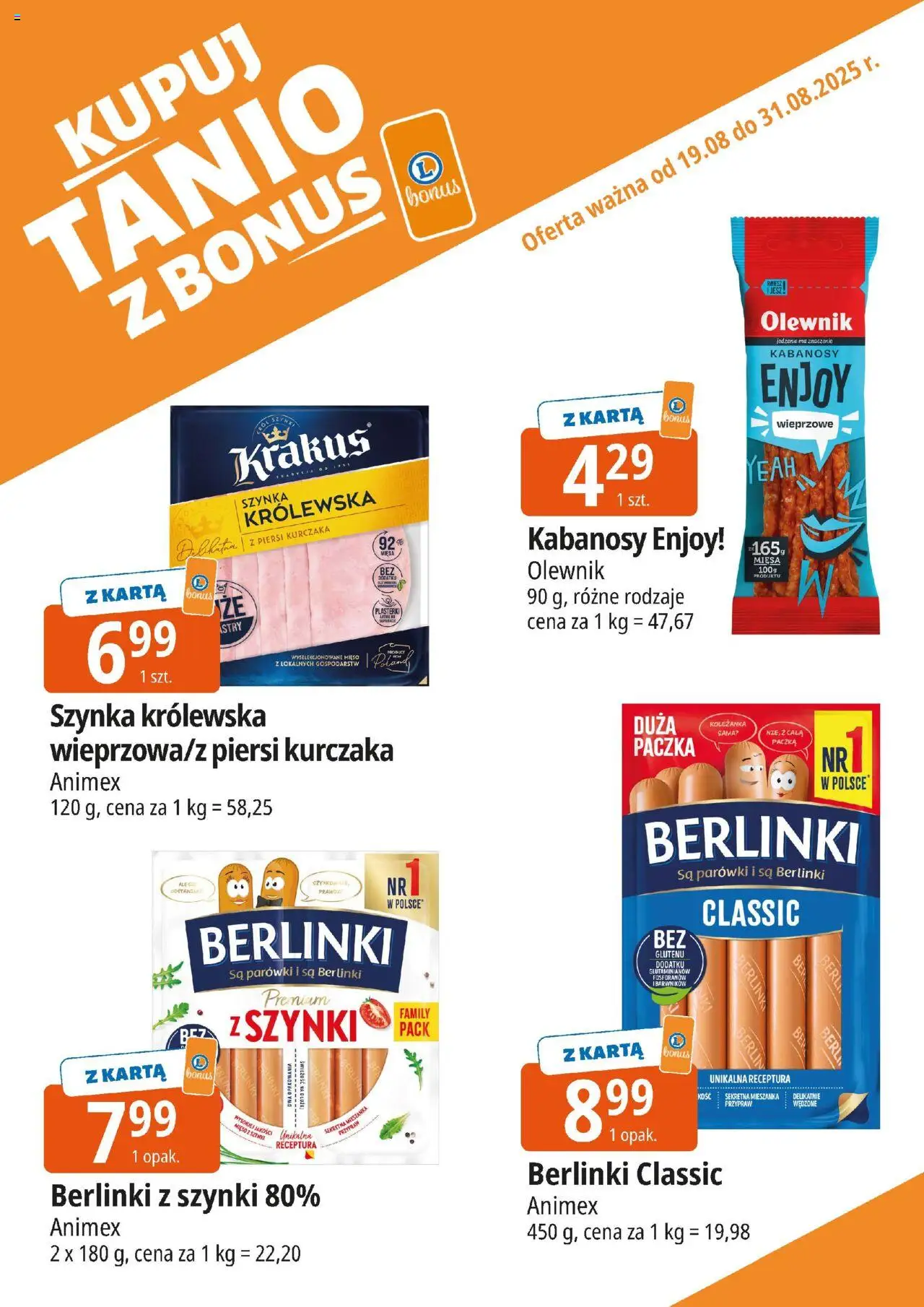 E.Leclerc Gazetka - Kupony dodatkowe od 19.08.2025 | Strona: 7 | Produkty: Karta, Mięso, Kabanosy, Parówki