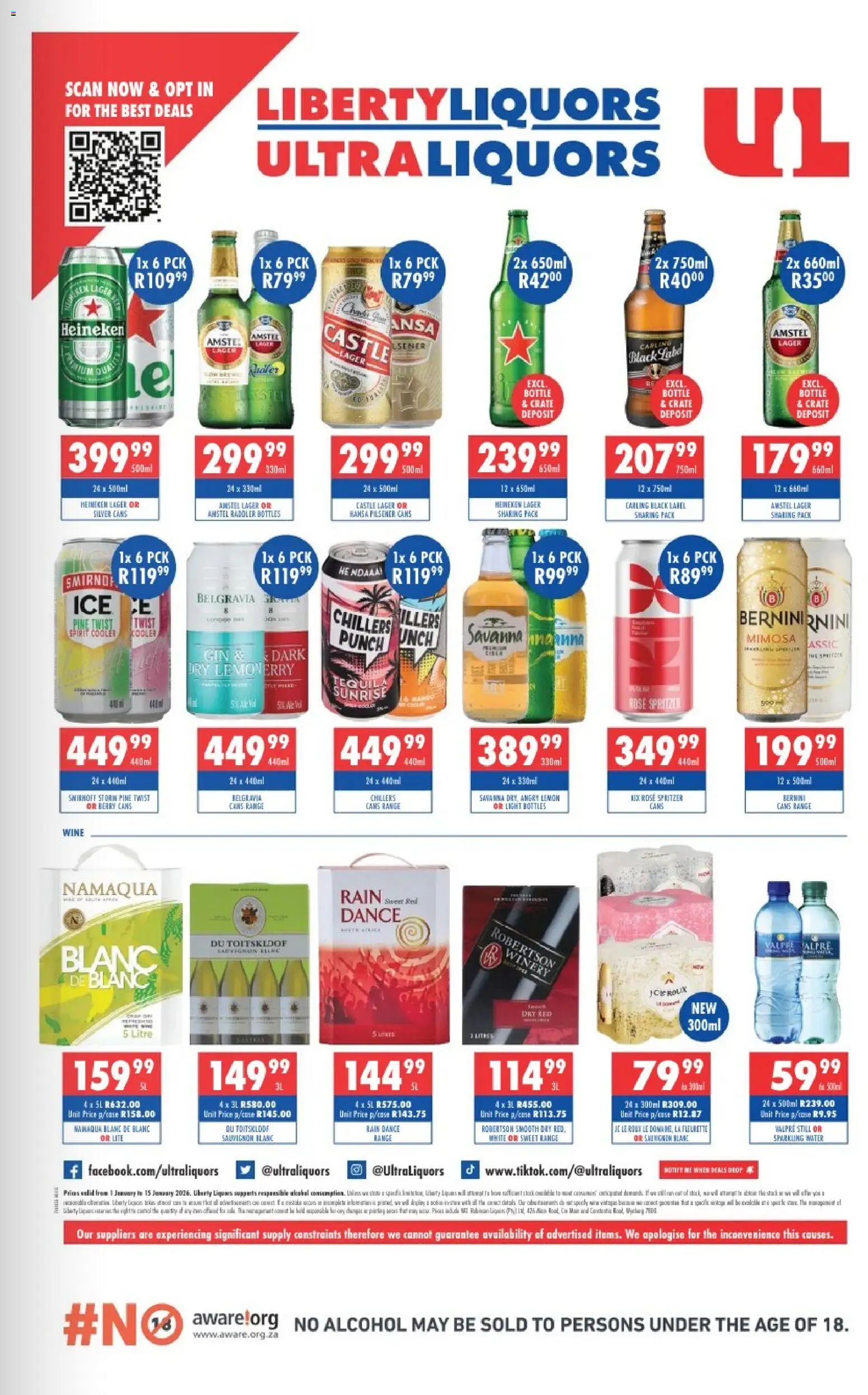 New Ultra Liquors catalogue – valid from 01.01.2026 | Page: 2 | Products: Wine, Gin, Water, Lemon