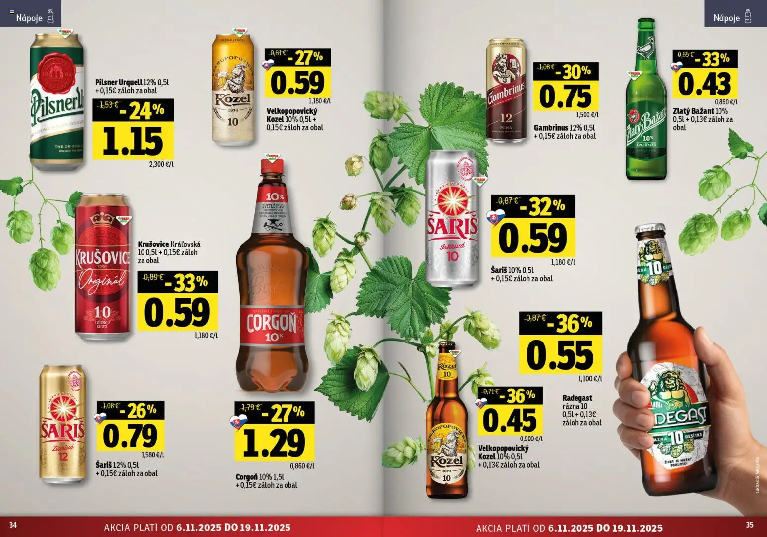 Nové Fresh akcie – leták je platný od 06.11.2025 | Strana: 18 | Produkty: Pivo, Pilsner Urquell, Radegast, Zlatý Bažant