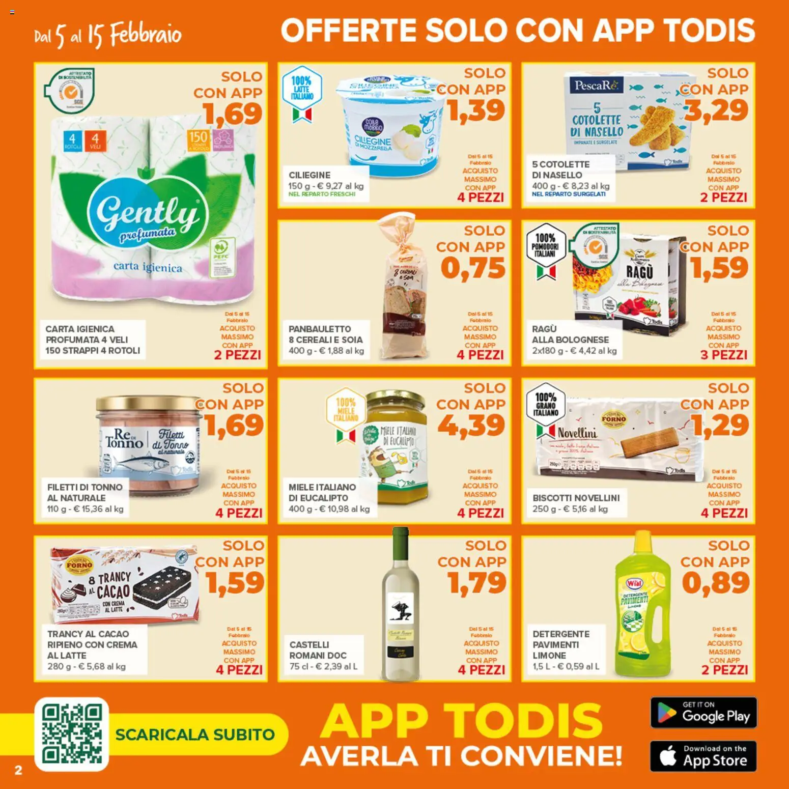 Volantino Todis del 05.02.2026 | Pagina: 2 | Prodotti: Crema, Pepe, Mozzarella, Nasello