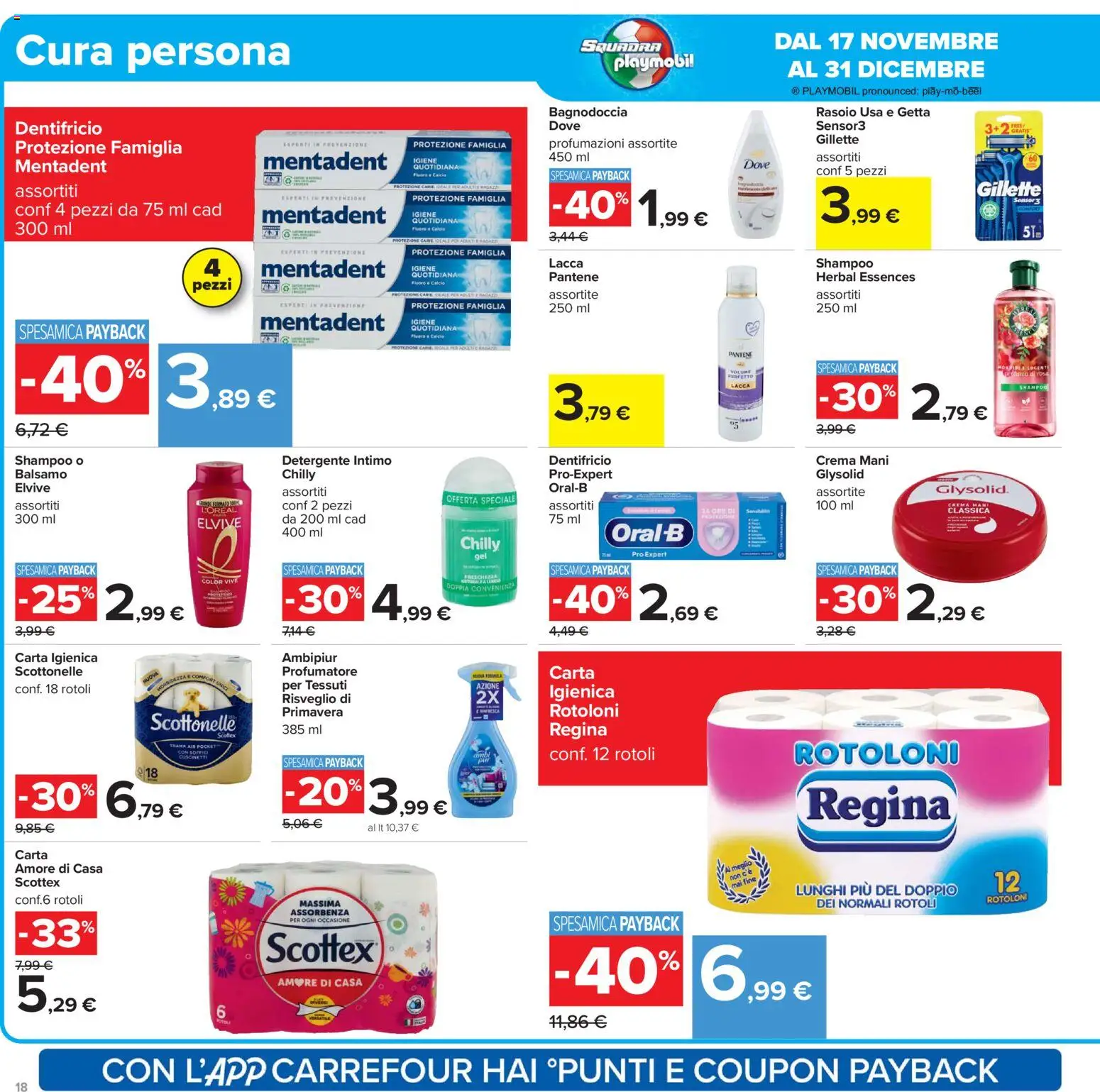 Volantino Carrefour del 02.12.2025 | Pagina: 18 | Prodotti: Shampoo, Carta igienica, Detergente intimo, Detergente