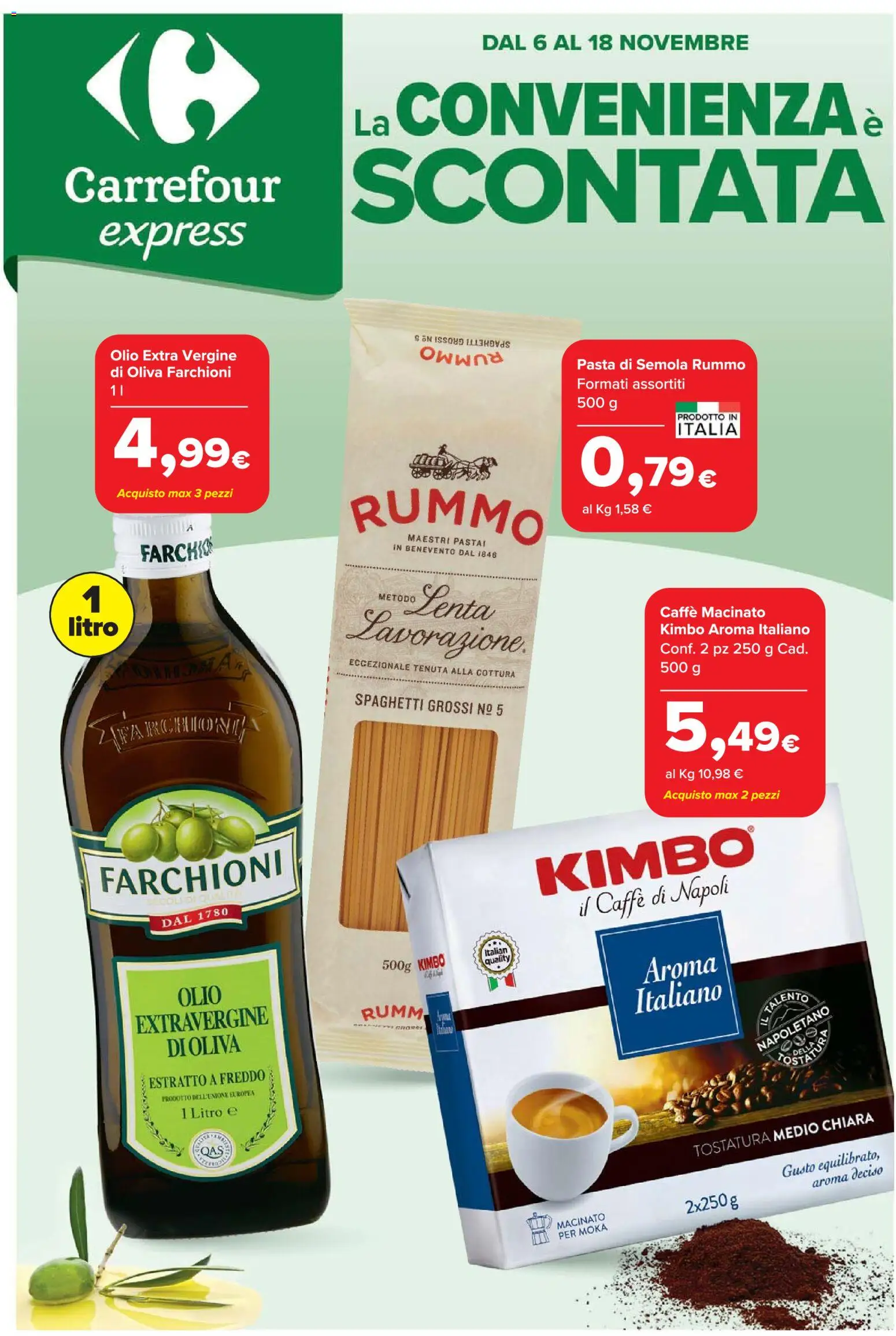 Volantino Carrefour del 06.11.2025 | Pagina: 1 | Prodotti: Olio, Pasta, Olio extra vergine, Macinato