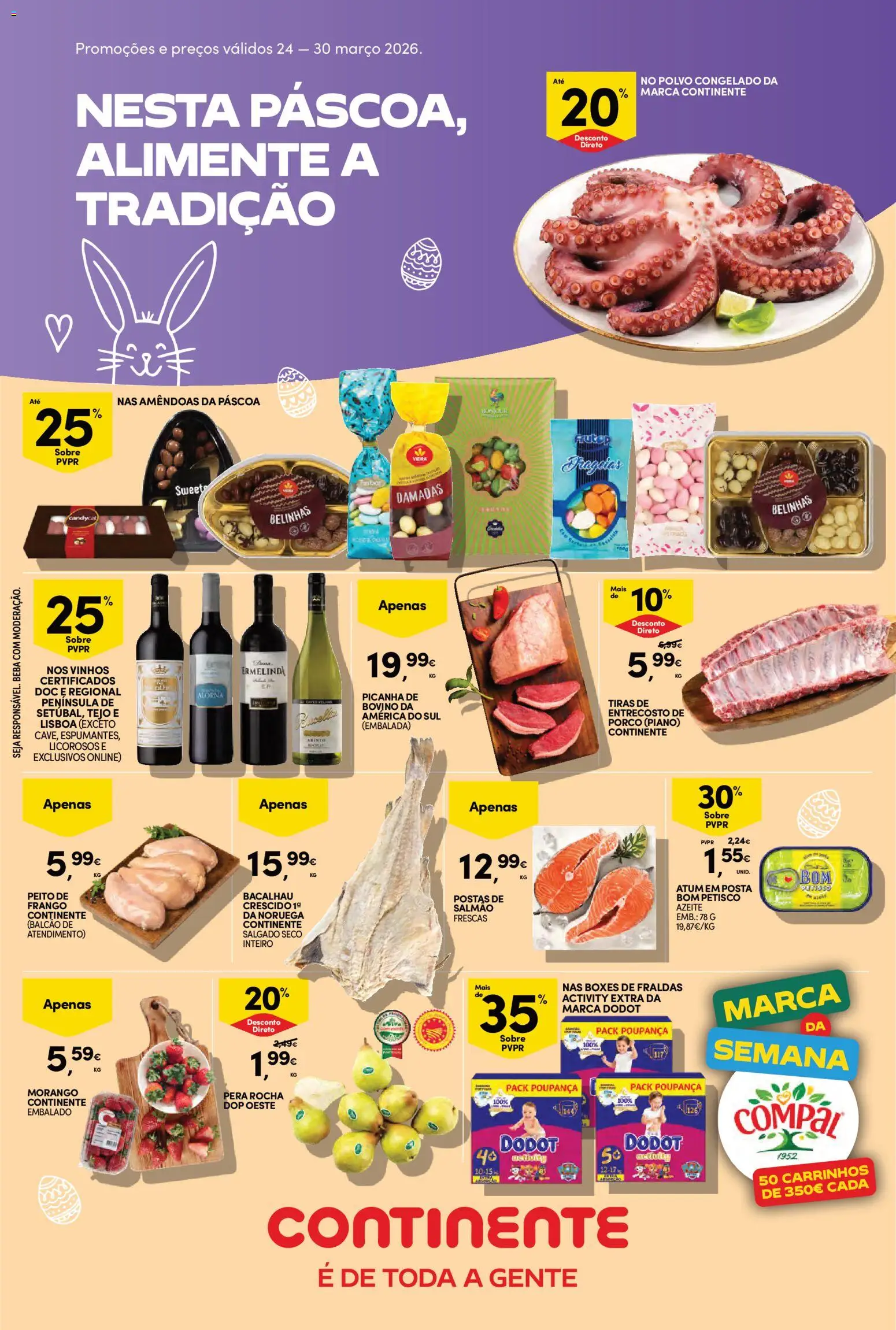 Continente Semanal Continente Bom Dia │ válido de 24.03.2026 | Página: 1 | Produtos: Bacalhau, Fraldas, Polvo, Salmão