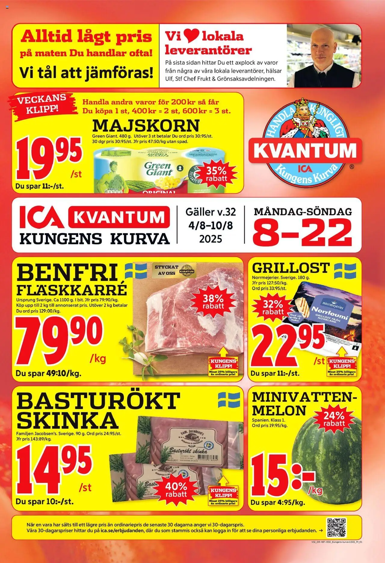 ICA Kvantum reklamblad aktuell från 04.08.2025 | Sida: 1 | Produkter: Grillost, Galler, Skinka