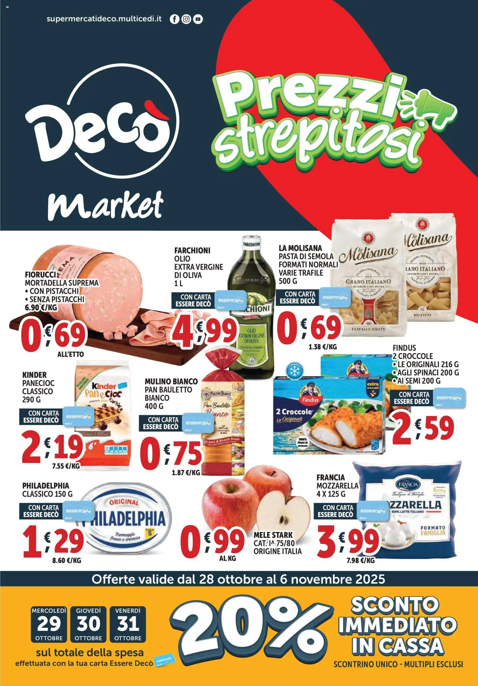 Volantino Decò del 28.10.2025 | Pagina: 1 | Prodotti: Mozzarella, Pasta, Spinaci, Mortadella