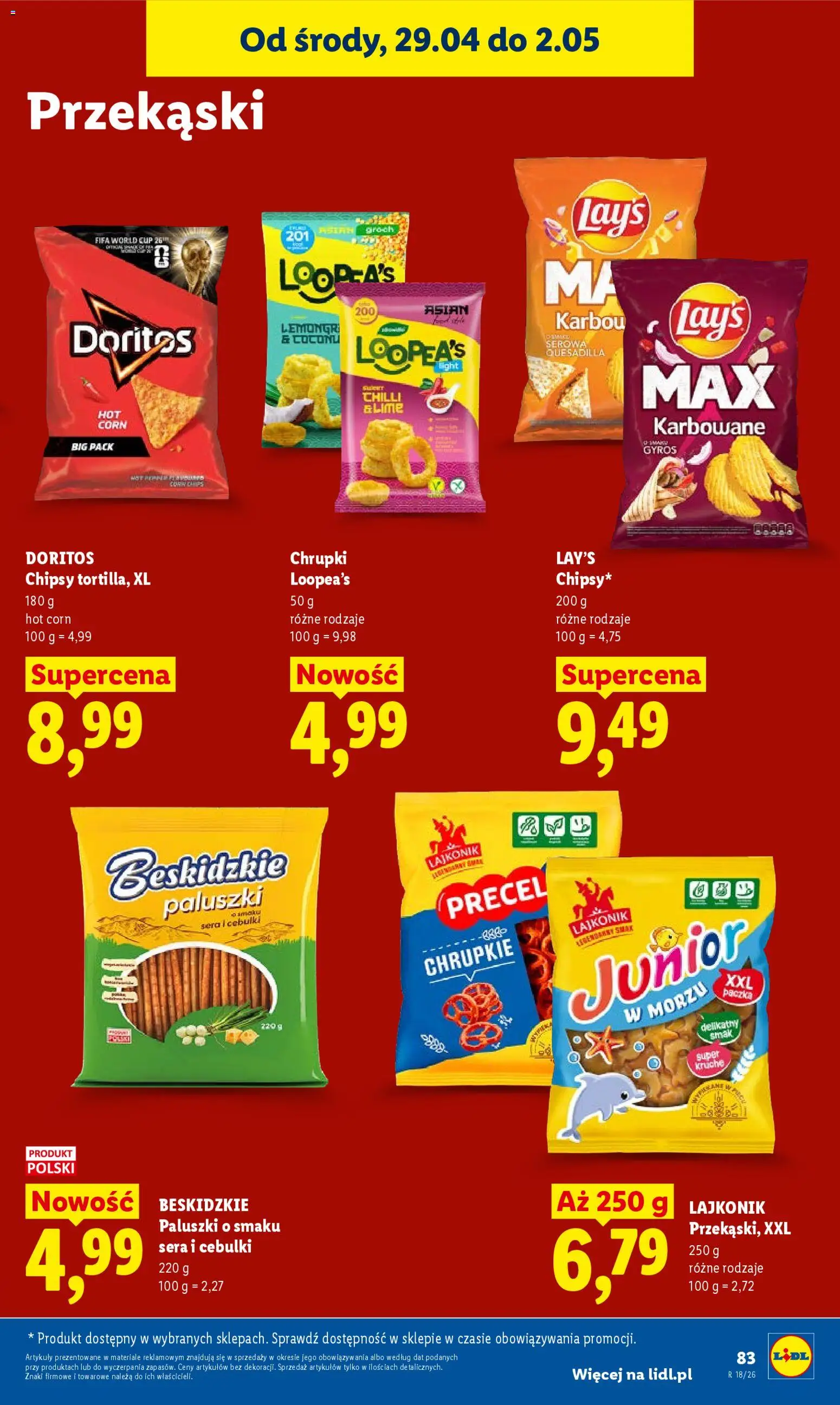 Lidl gazetka od 29.04.2026 | Strona: 85 | Produkty: Groch, Chrupki, Doritos, Paluszki